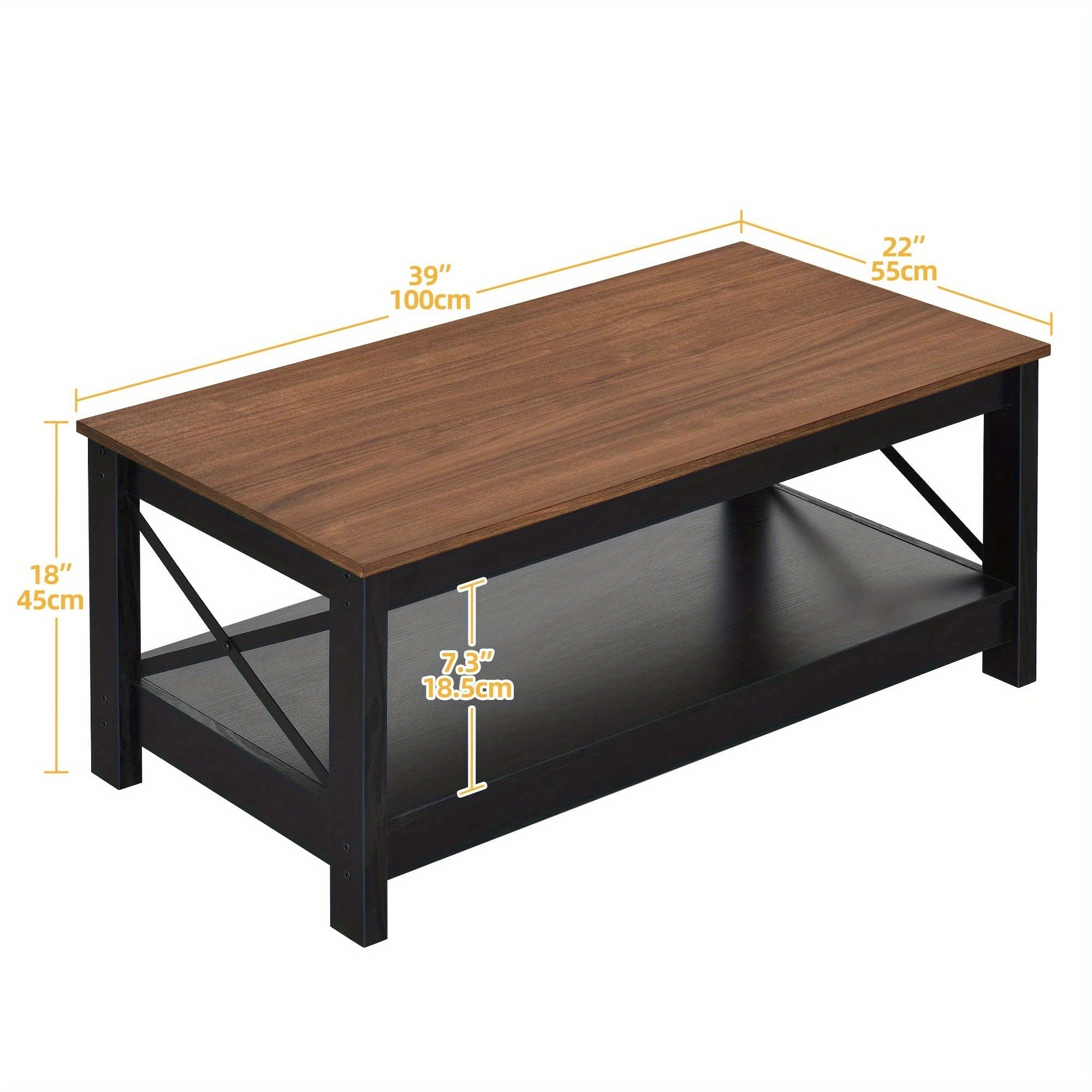 Rustic Farmhouse Coffee Table with Dual- Tier Brown Finish and Concealed Storage Compartment - Walnut + black - Coffee