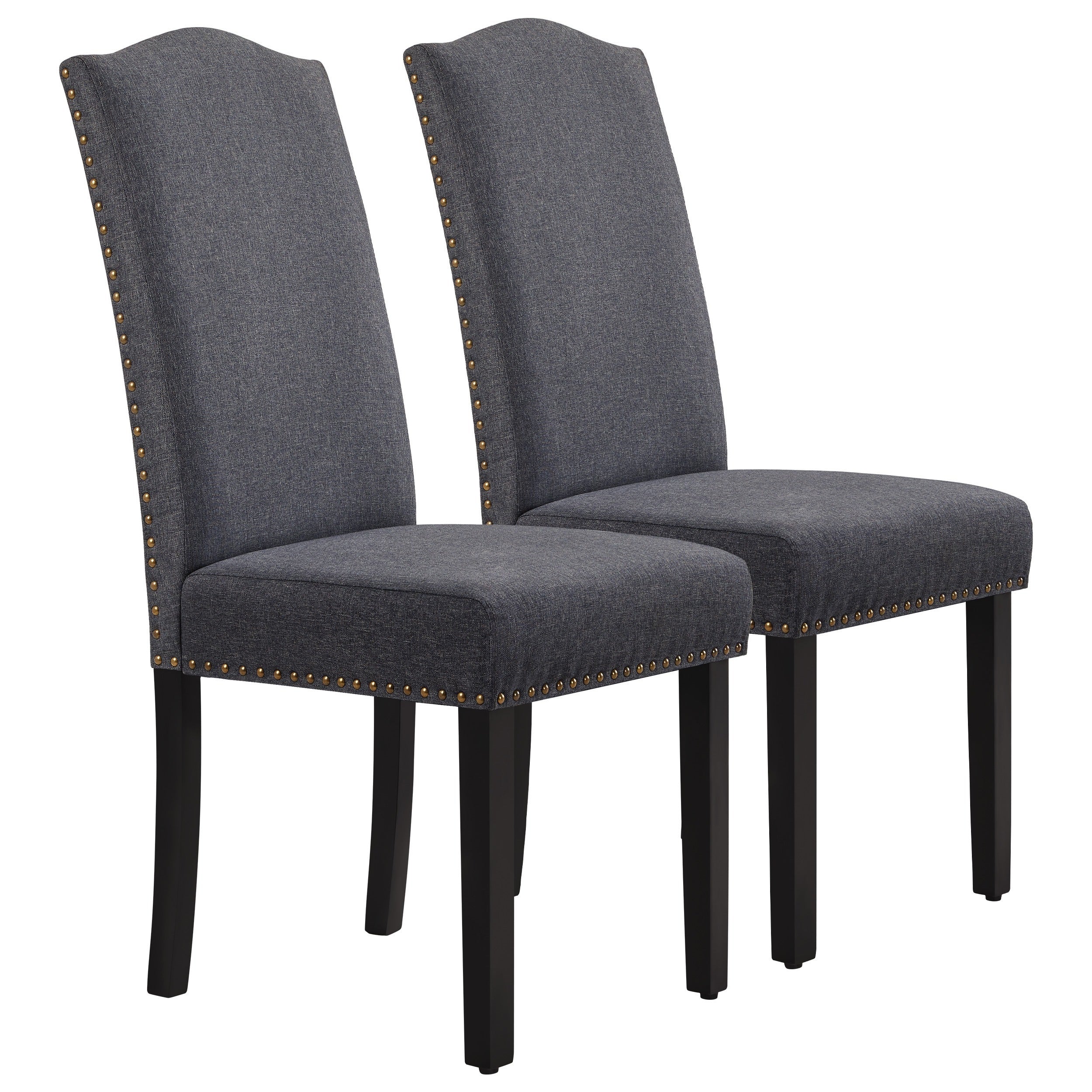 2pcs Classic Dining Chairs Fabric Upholstered Kitchen Chairs Tall Back Dining Room Side Chairs with Nailhead Trim Solid Wood Legs, Dark Gray/Khaki