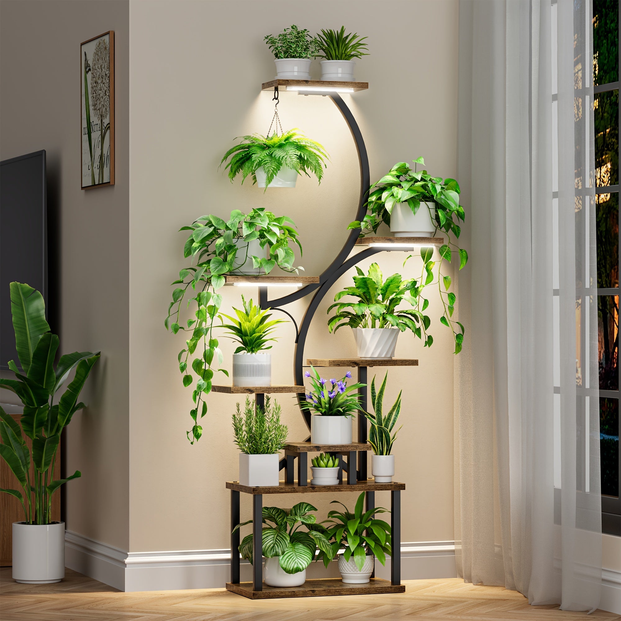 S-shaped Plant Stand Indoor With Grow Lights, 62'' Tall 8 Tiered Large Metal Household Plant Flower Stand With Thickened Wooden Boards, Multi Functional Display Stand, Suitable For Terraces, Balconies, Living Rooms, Courtyard