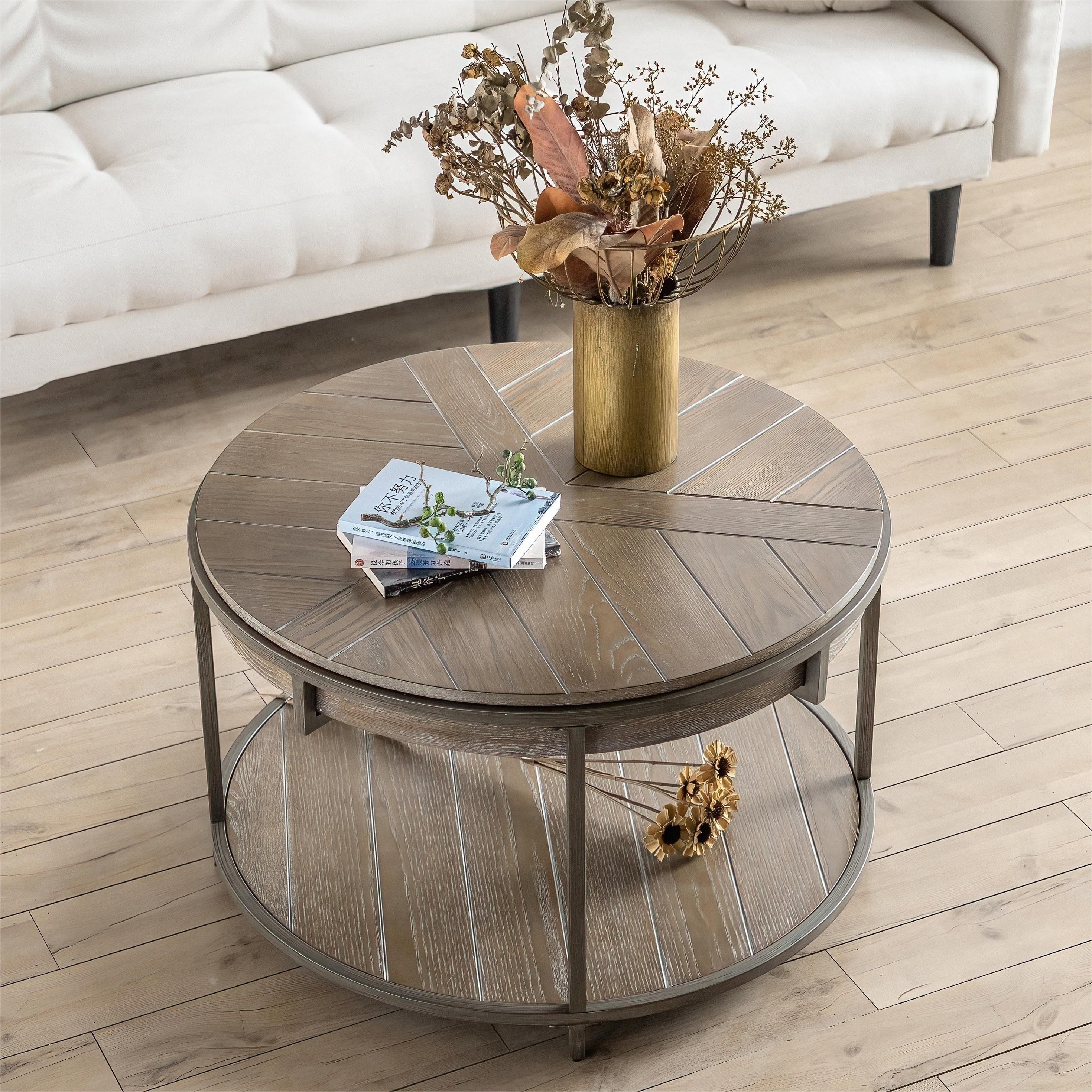 Round Coffee Table for Living Room, 2-Tier Circle Coffee Table with Large Storage, Modern Rustic Circular Coffee Table with Metal Frame