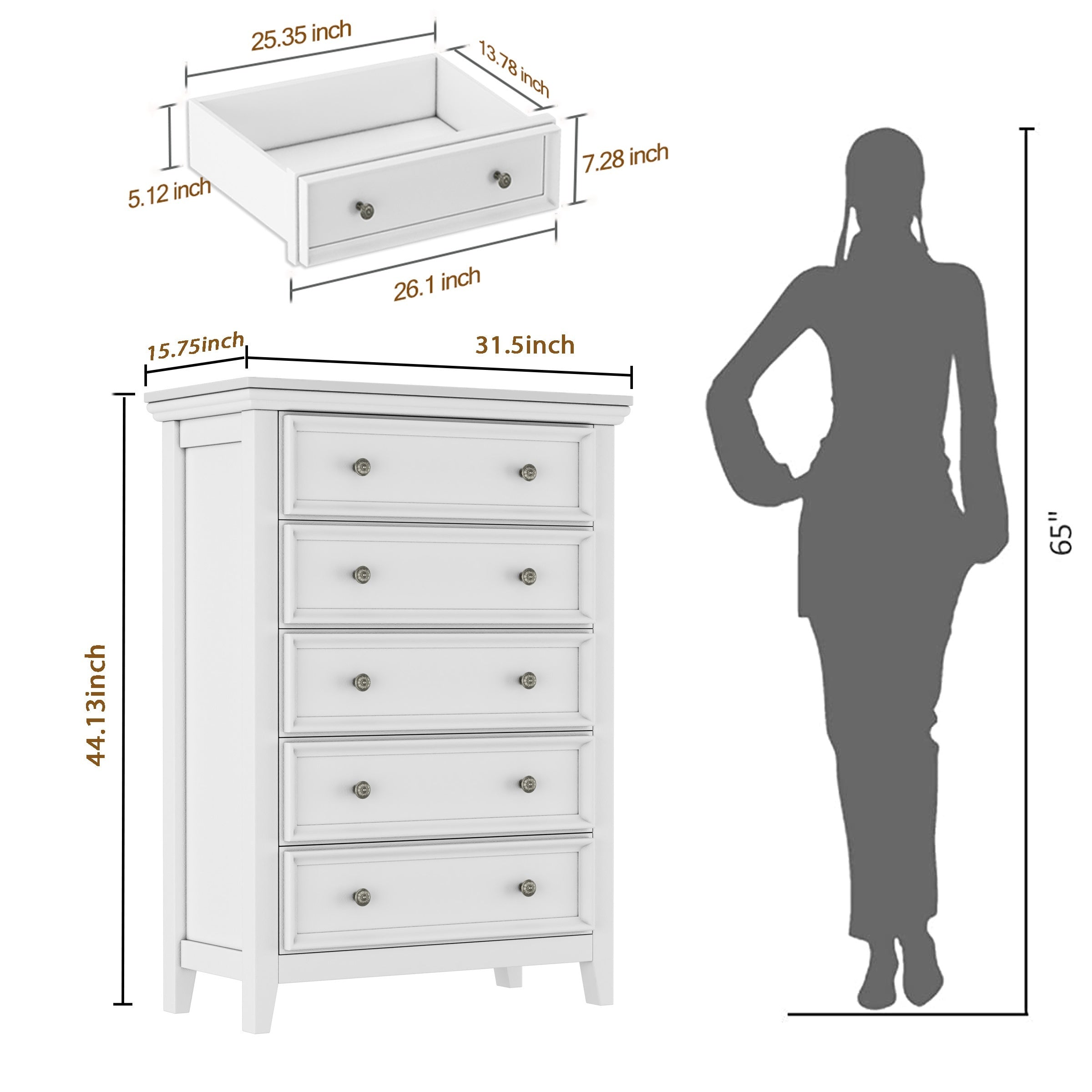White Dresser for Bedroom 5 Chest of Drawers 5 Drawer Dresser for Home Office Storage Drawer Cabinet with for Bedroom