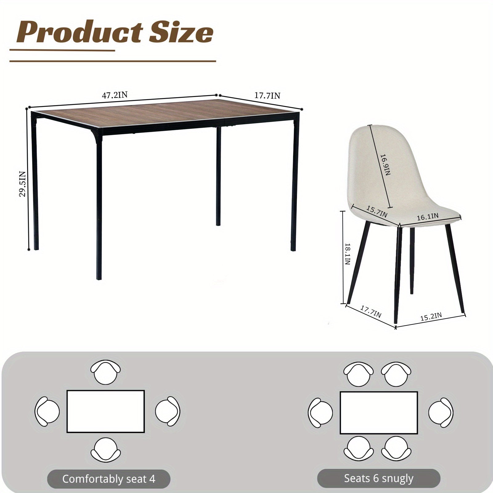 Modern 5-Piece Dining Set with Wood Top Table and Upholstered Chairs – Natural Wood or Walnut Finish Beige Chairs Black