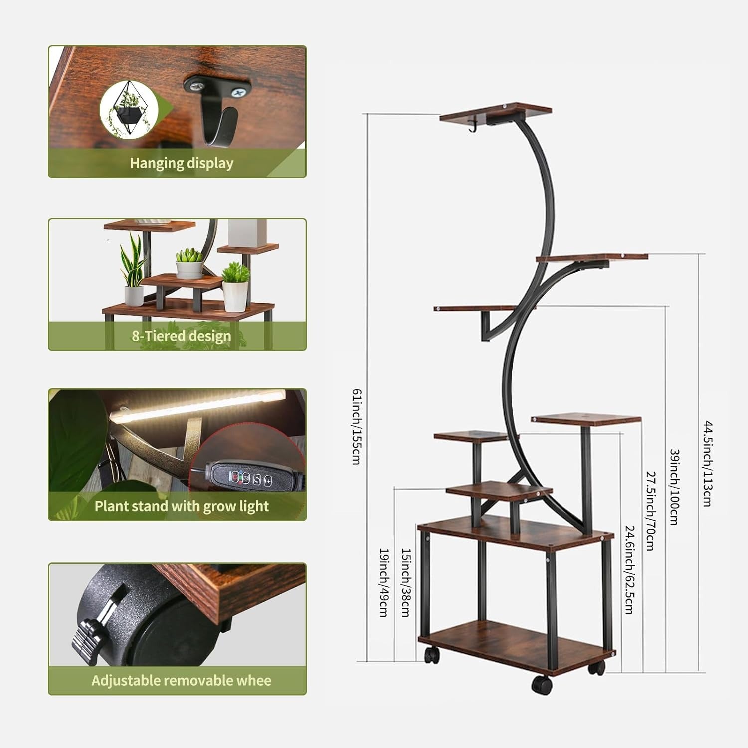 Plant Stand Indoor With Grow Lights, 8 Tiered Indoor Plant Shelf, 61" Tall Plant Stand For Indoor Plants Multiple, Metal Plant Flower Holder Stand, S-Shaped Plant Rack For Home, Patio, Valentine'S Day Gifts, New Home/office D