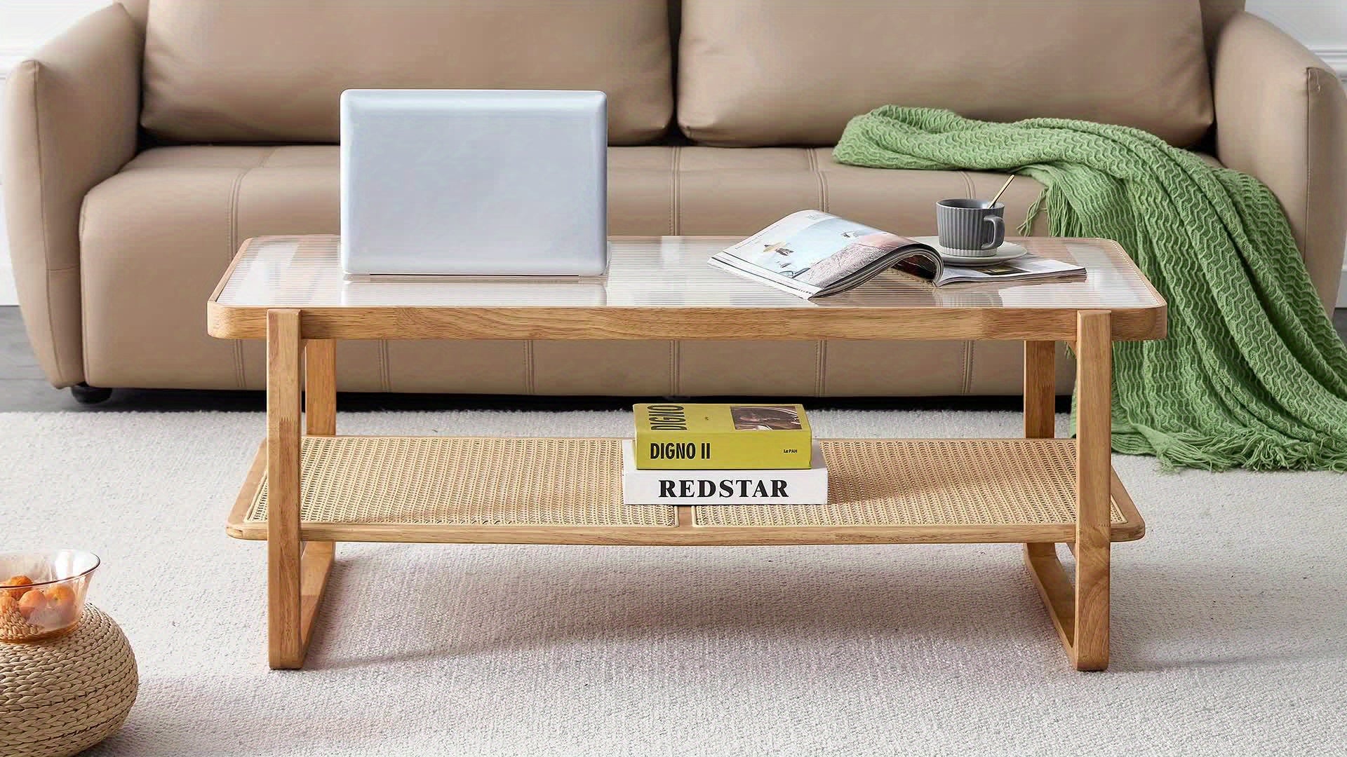 Mid Century Modern Coffee Table With Ribbed Glass Top And PE Rattan Storage Shelf, 45 Inch Rectangular Solid Wood Boho Coffe Table, Unique Center Table For Livinig Room Apartment Small Space