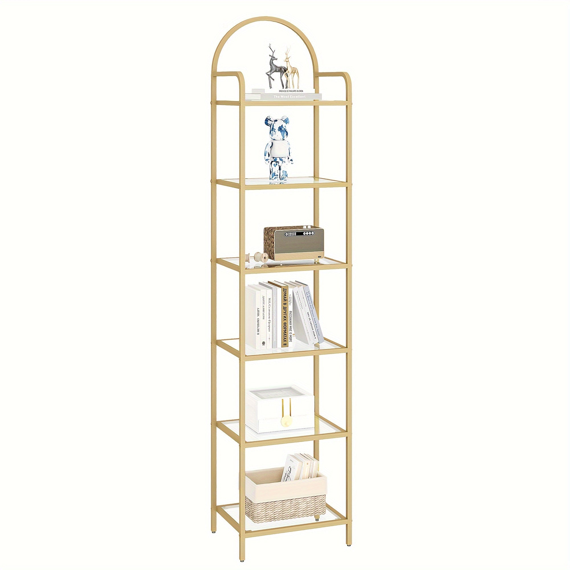 Golden 6-Tier Bookshelf with Tempered Glass Shelves - Slim Sturdy Metal Frame for Bedroom Bathroom Home Office