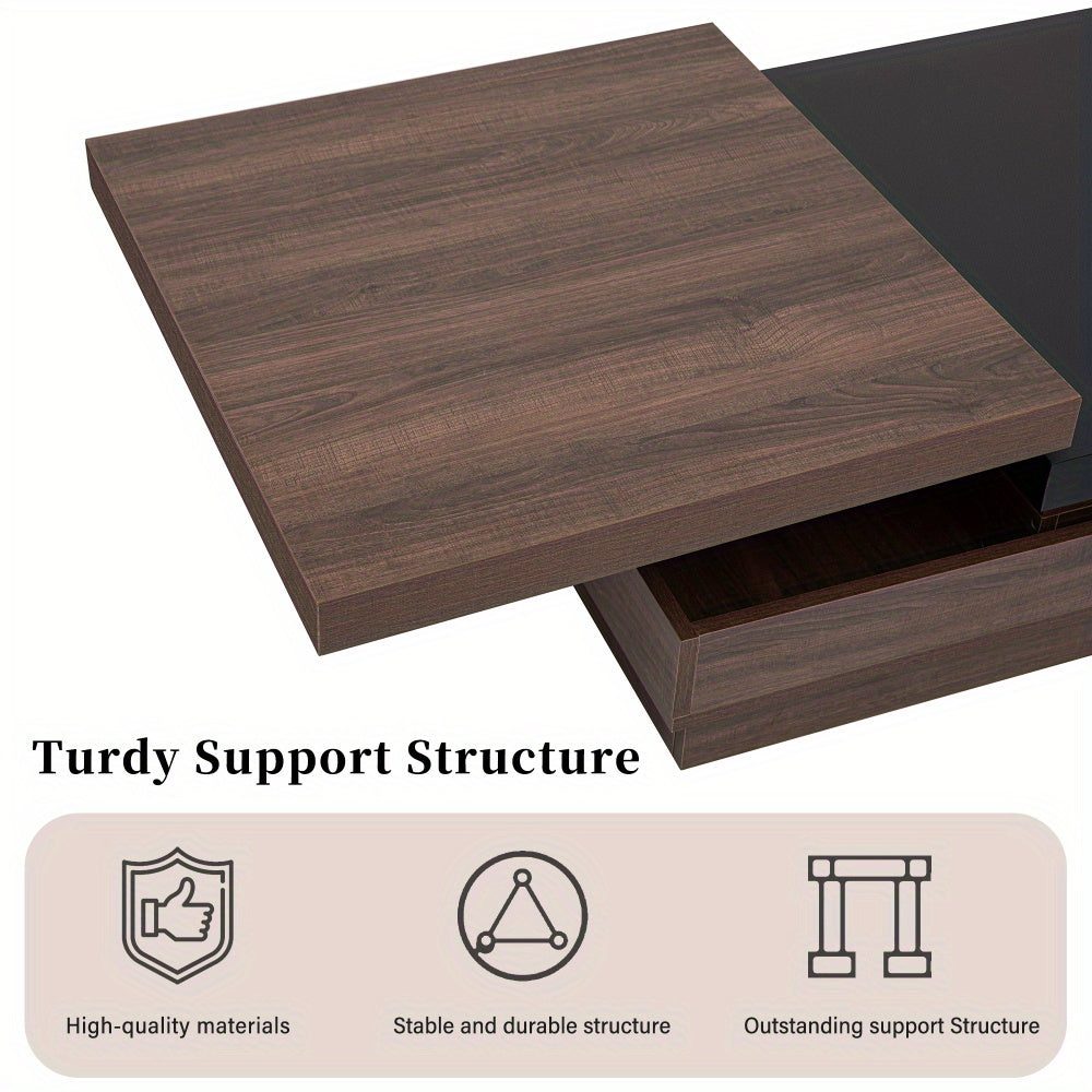 Rotatable Top Coffee Table, Modern Square Coffee Table with Wood Grain Design, 1 Hidden Storage Space for Living Room, Black+Brown