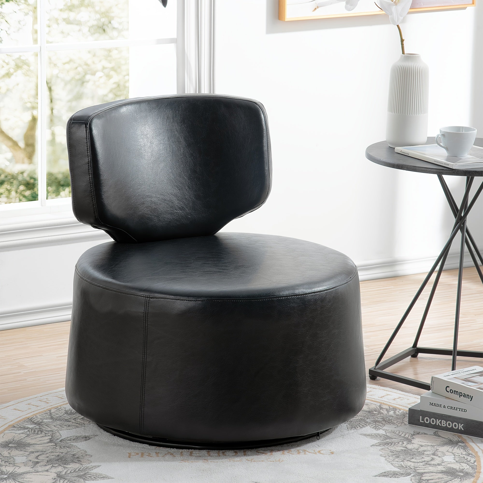 Accent Swivel Chairs, PU Leather Round 360° Swivel Chair for Living Room, Single Sofa Chair for Living Room Bedroom Dining Room, Black