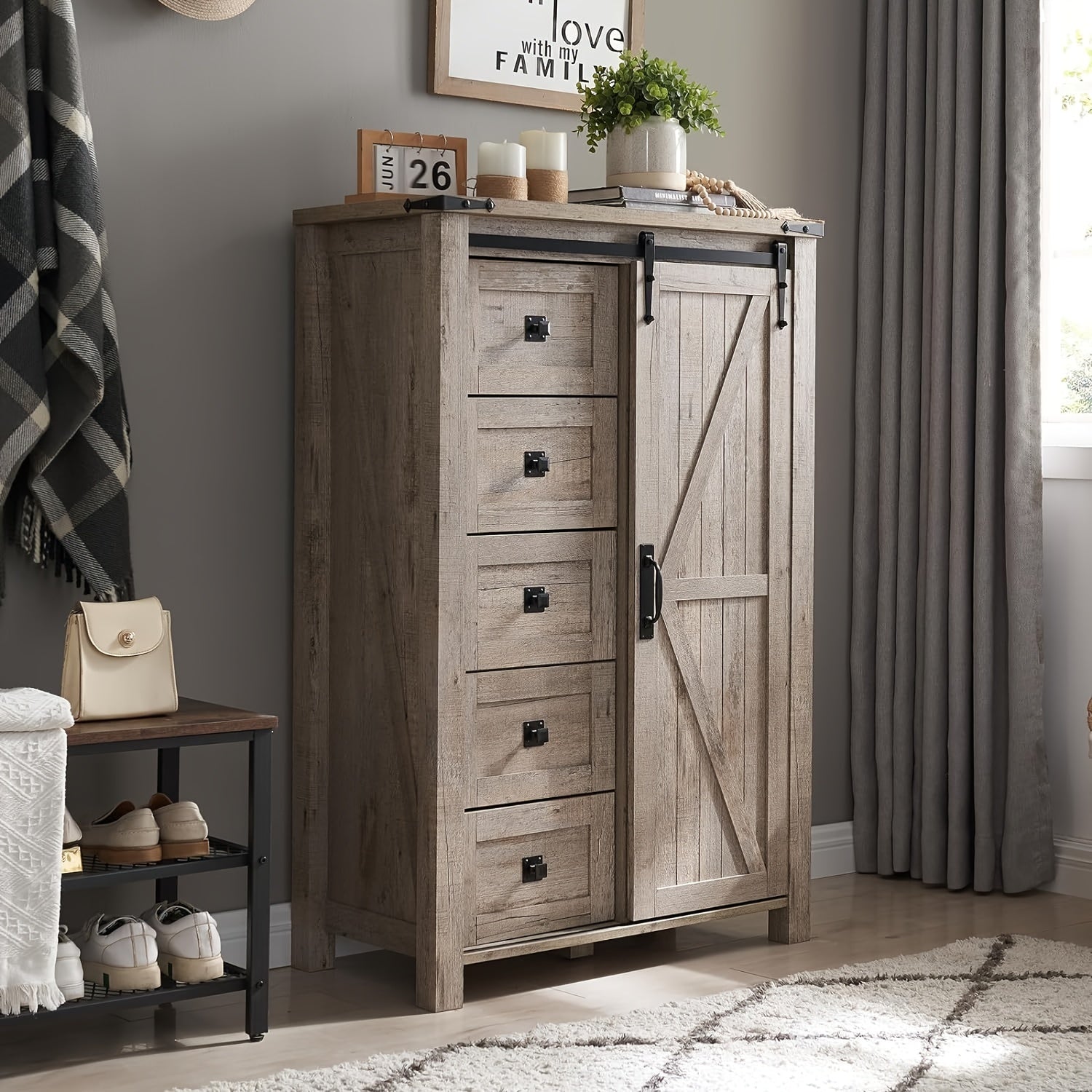 5 Drawers Dresser For Bedroom W/Sliding Barn Door Farmhouse Modern Tall Dresser 5 Chest Of Drawers Storage Organizer
