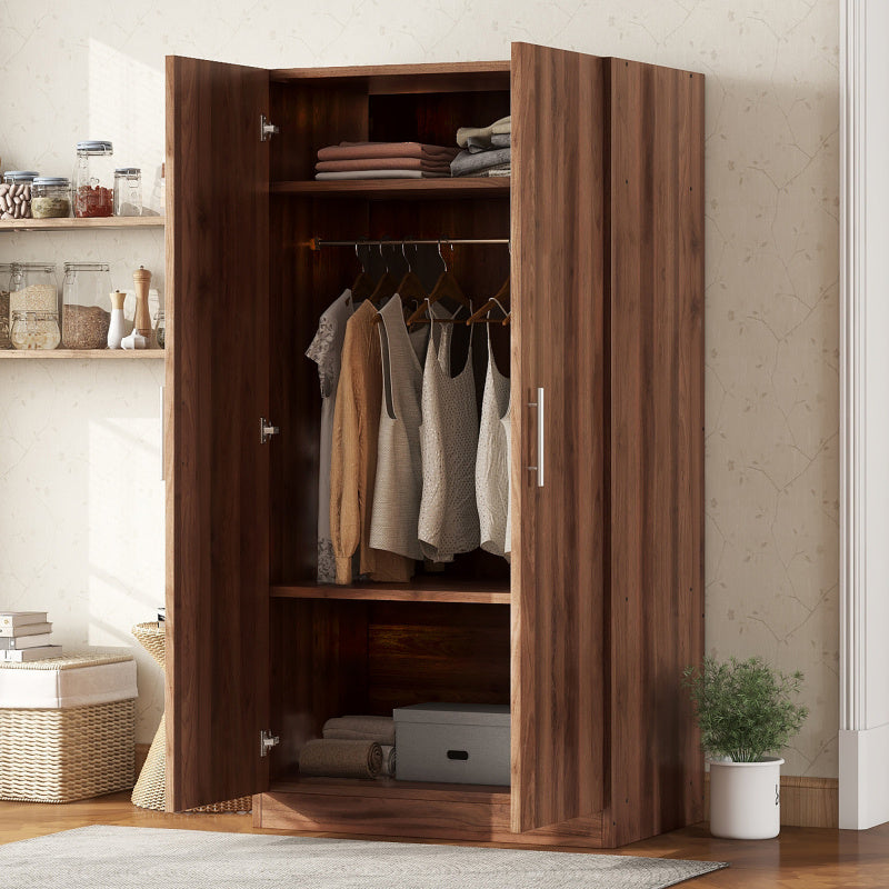 Spacious 2-Door Brown Wooden Wardrobe Armoire with 3 Shelves - Metal Frame, Floor Standing, Multi-Use Storage Organizer for Clothes, Shoes & More, Clothes Organizer Storage, Utility Racks