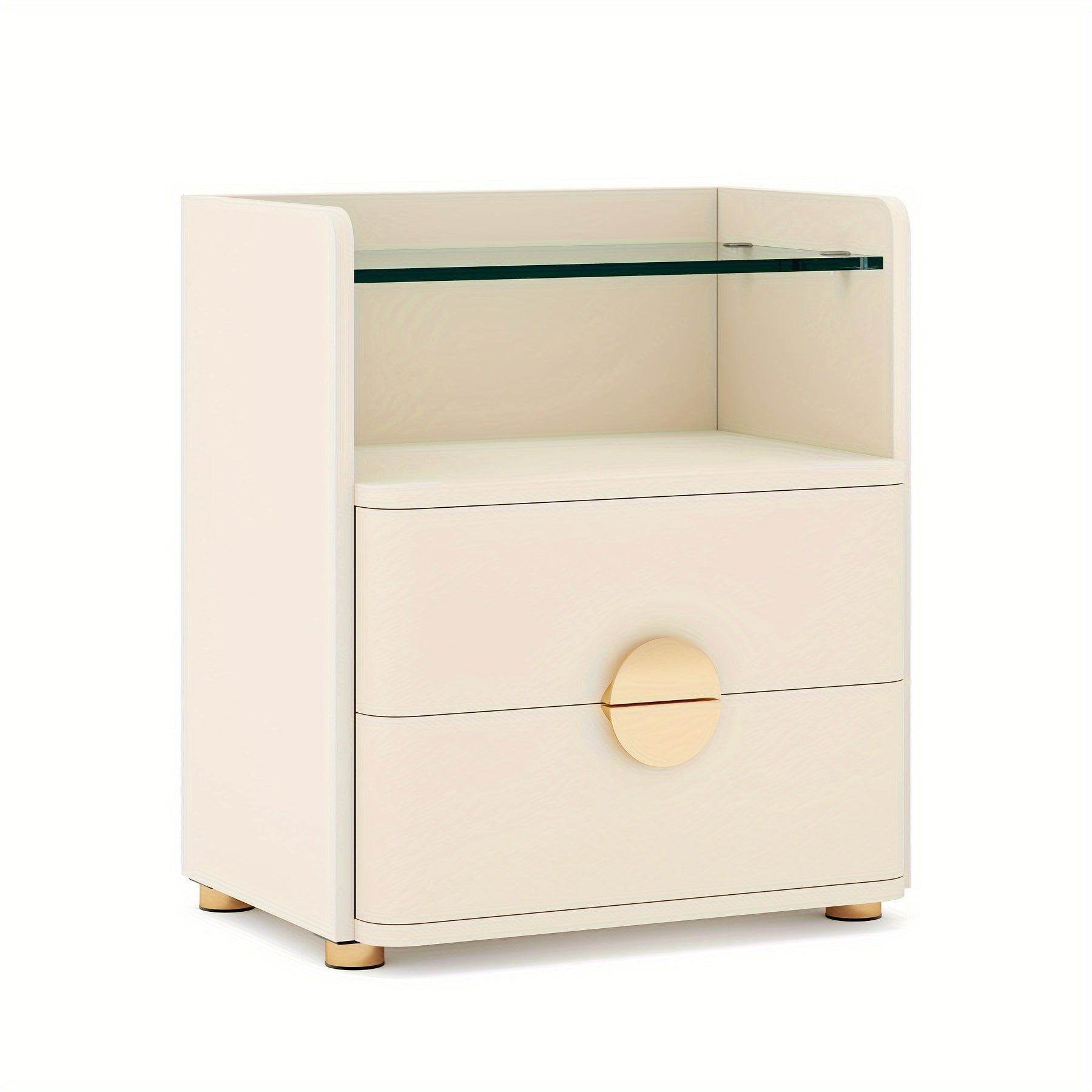 2-Drawer Modern Night Stand With Open Storage Space, Easy Assembly Wood Bed Side Table For Bedroom, End Table With Golden Round Metal Legs For Living Room