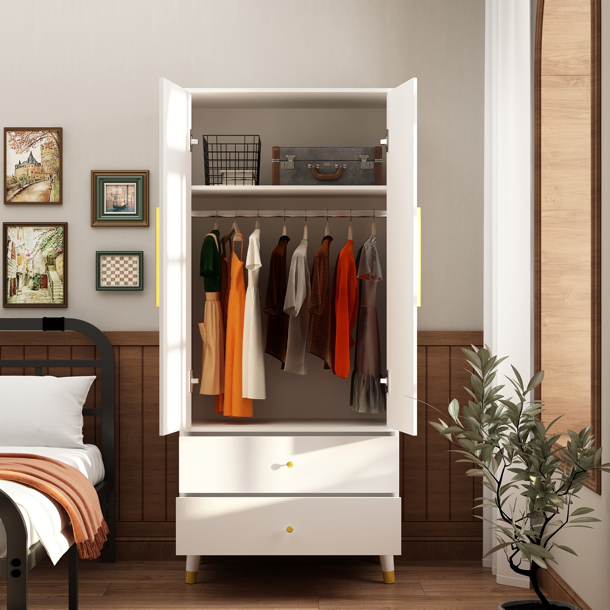 Armoire Large Wardrobe Closet with 2 Doors Freestanding Wardrobe Cabinet with 2 Drawers Storage Shelves & Hanging Rod