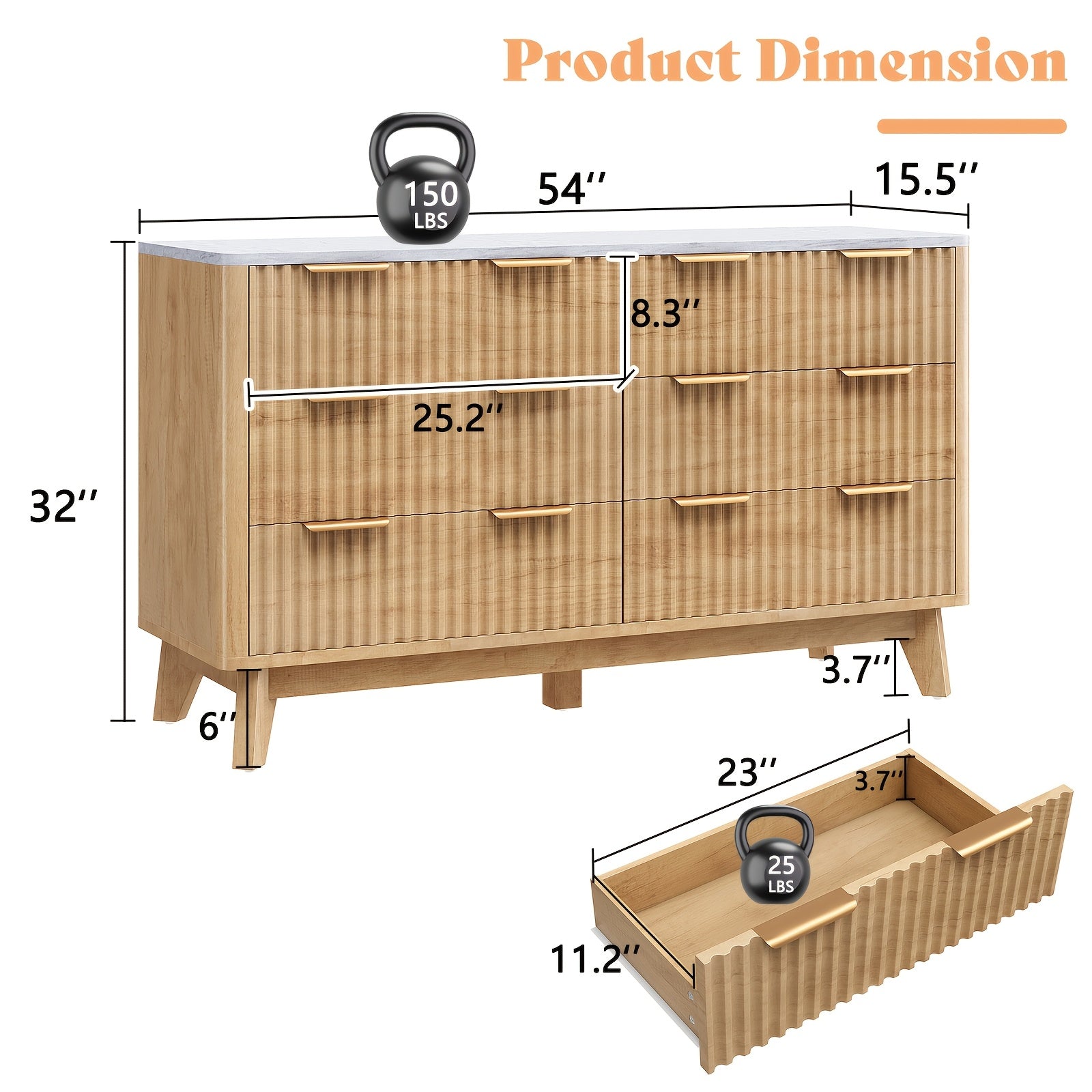 Fluted 6-Drawer Dresser With Imitation Marble Top, Wide Contemporary Dresser With Drawers, Wooden Chest, Drawer Organizer Suitable For Bedroom, Living Area, Hall, And Entrance