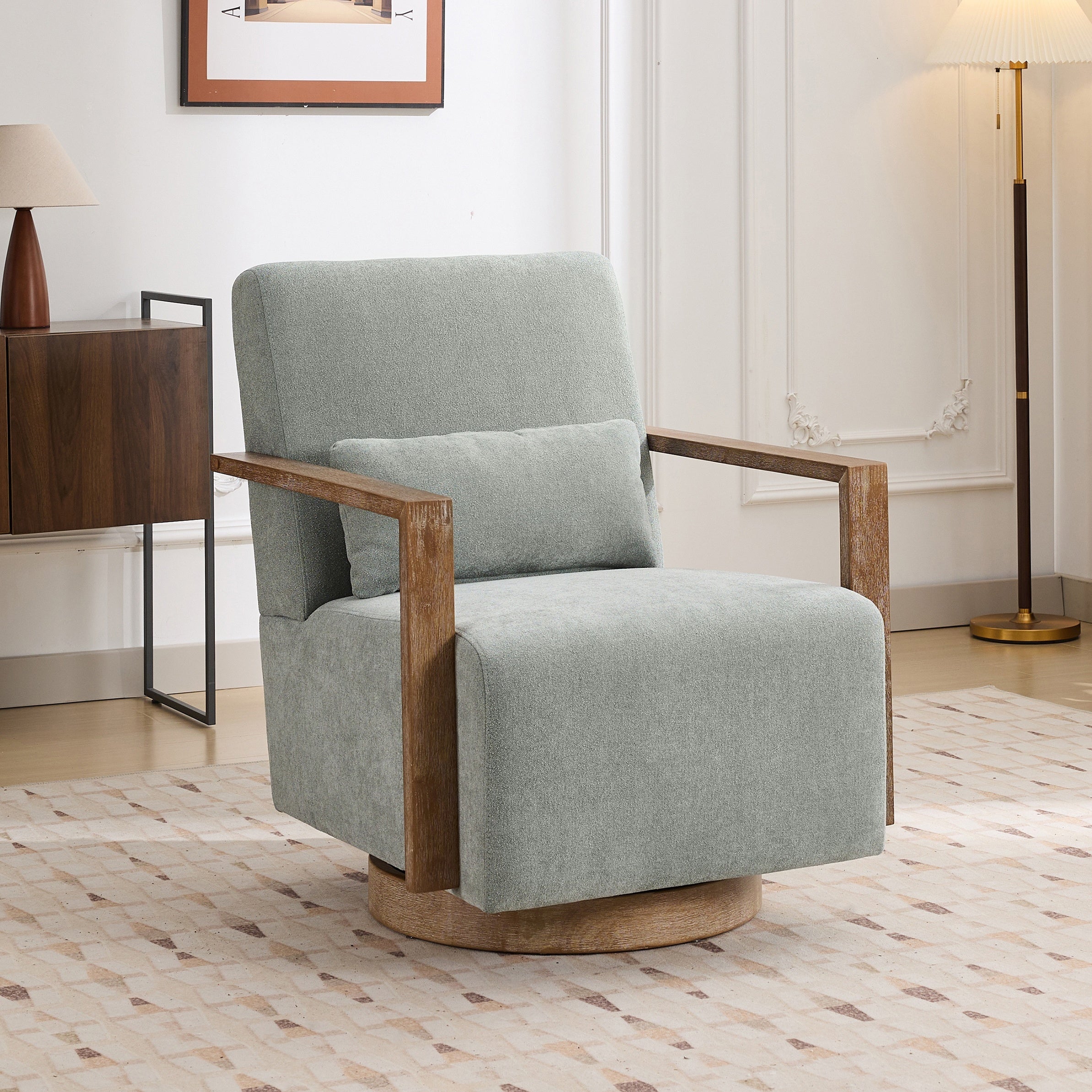 Upholstered Swivel Accent Chair With Solid Wood Armrests And Wood Base Side Armchair For Bedroom, Living Room