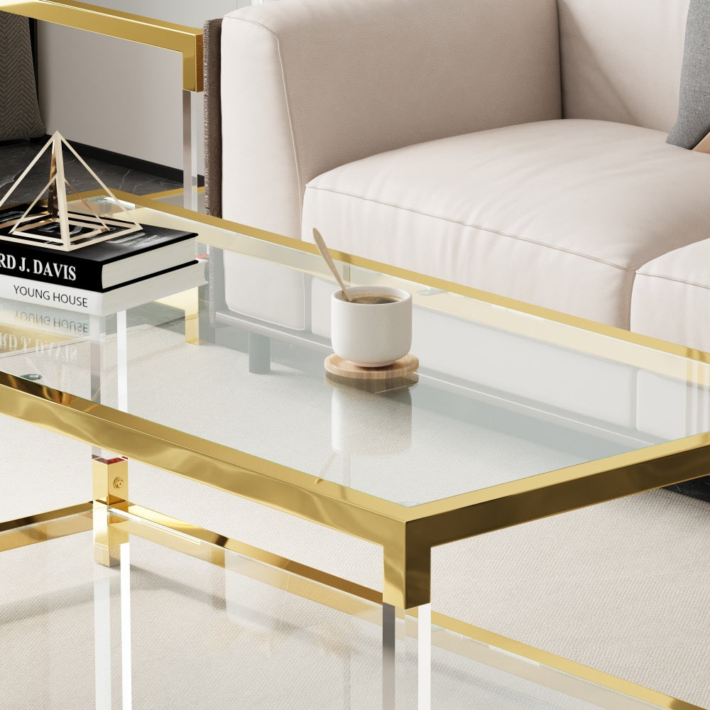 Elegant Modern Coffee Table with Golden Metal Frame & Clear Acrylic Legs - Waterproof, Easy-Clean Glass Top for Living Room Coffee Table for Living Room