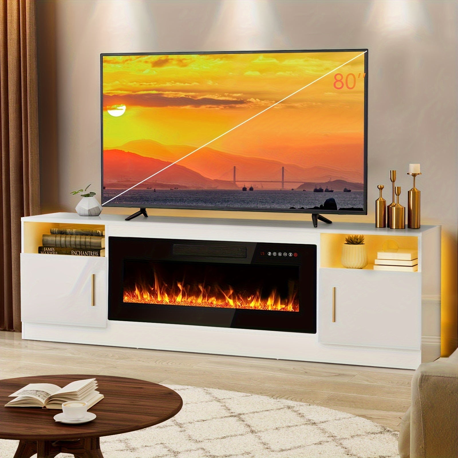 Modern Wooden TV Stand with 36" Fireplace - Fits Up to 80" TVs, LED Lighting & Storage, Highlight Cabinet for Living Room, Media TV Console, Entertainment Center