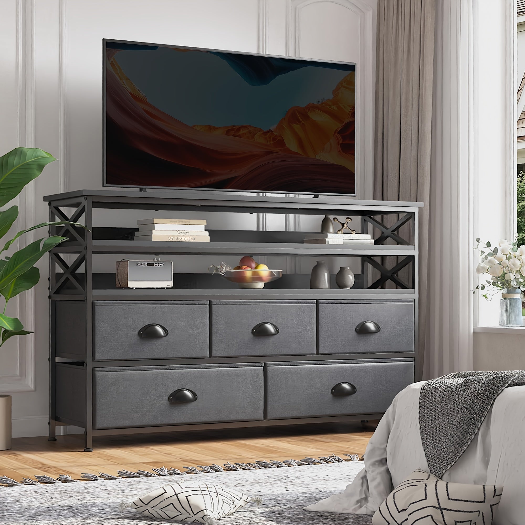 Dresser TV Stand Up To 55 Inch For Bedroom Entertainment Center With Fabric Drawers Media Console Table With Wood Open Shelves Storage Drawer Dresser For Bedroom, Living Room, Entryway Storage Drawer Units