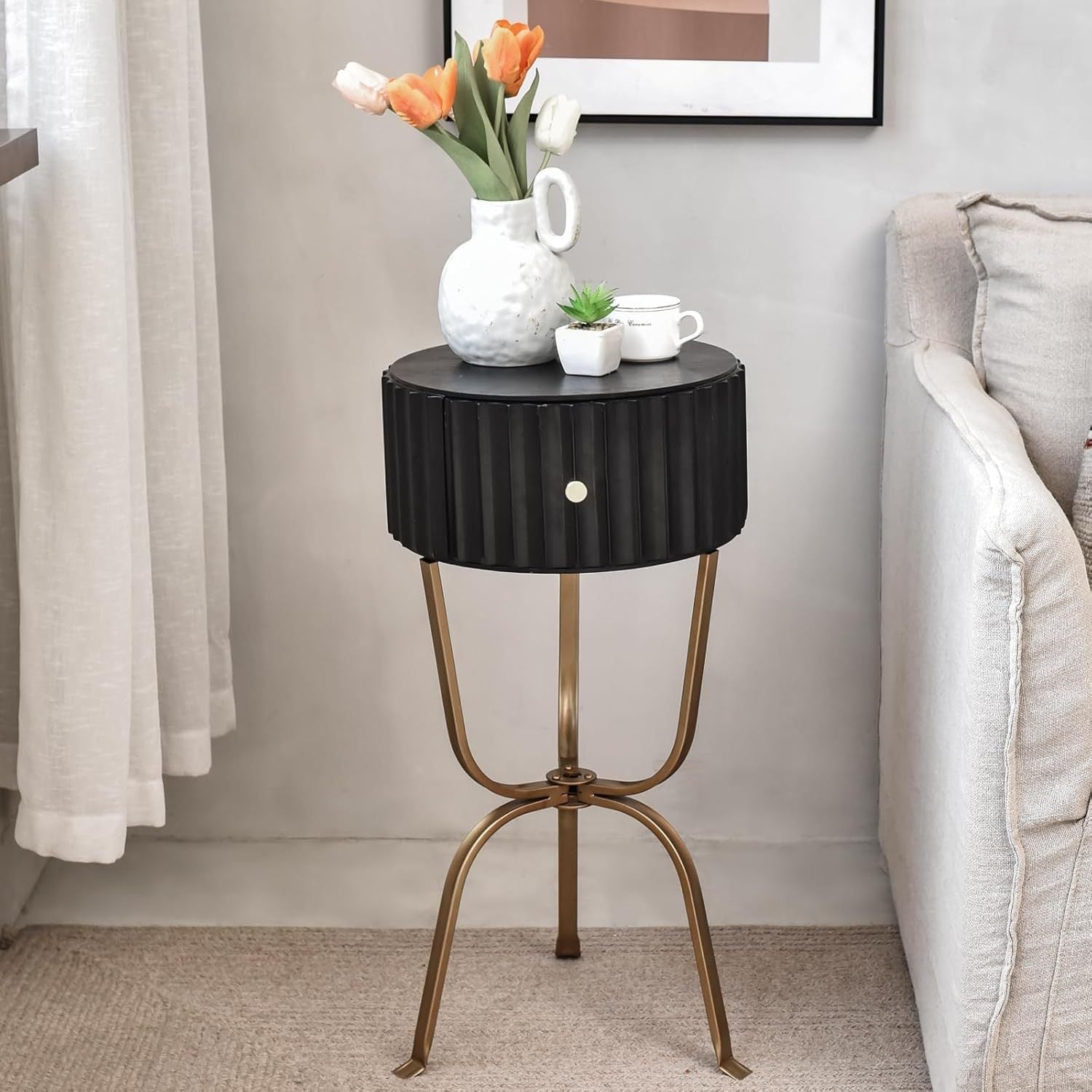 1pc Classic Round End Table, Solid Wood Nightstand with Metal Frame, French Style Side Table, Lightweight, MDF & Hardwood Construction, with Storage Drawer, for Living Room, Bedroom, Black