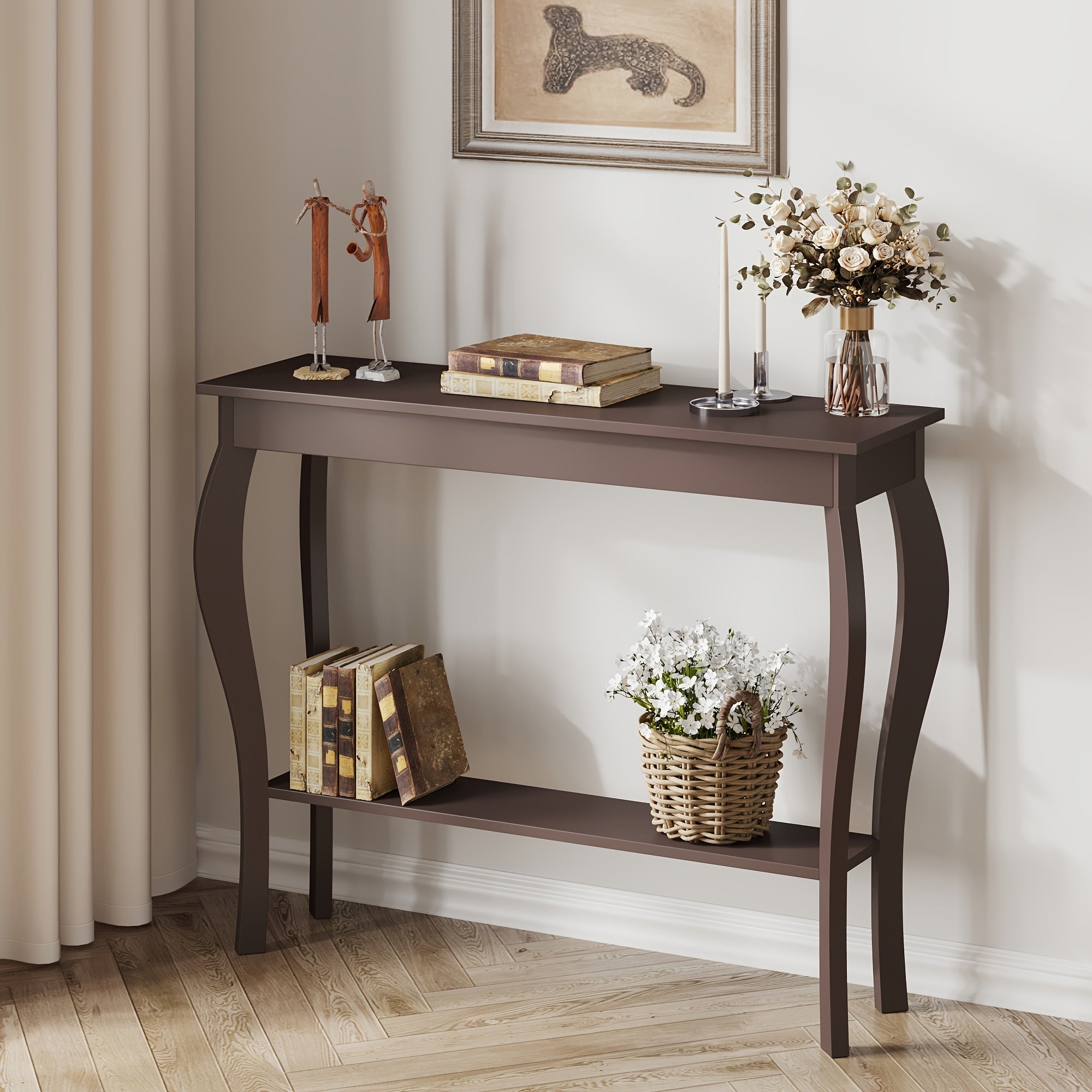 Farmhouse Console Sofa Table with S-Shape Wooden Legs, Chic Accent Narrow Console Table With Sturdy Frame And Open Shelf for Entryway, Living Room And Hallway, Space-Saving Design, Versatile and Easy to Assemble