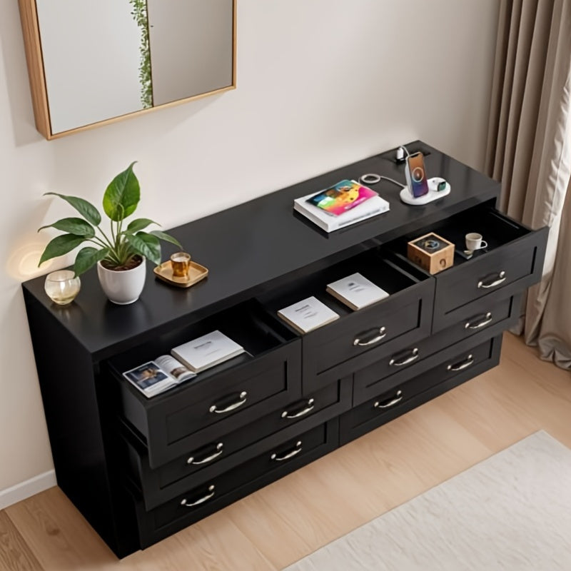 Elegant 7- Drawer Wood Dresser with Charging Station: Versatile Storage Cabinet for Bedroom Entryway and Living Room
