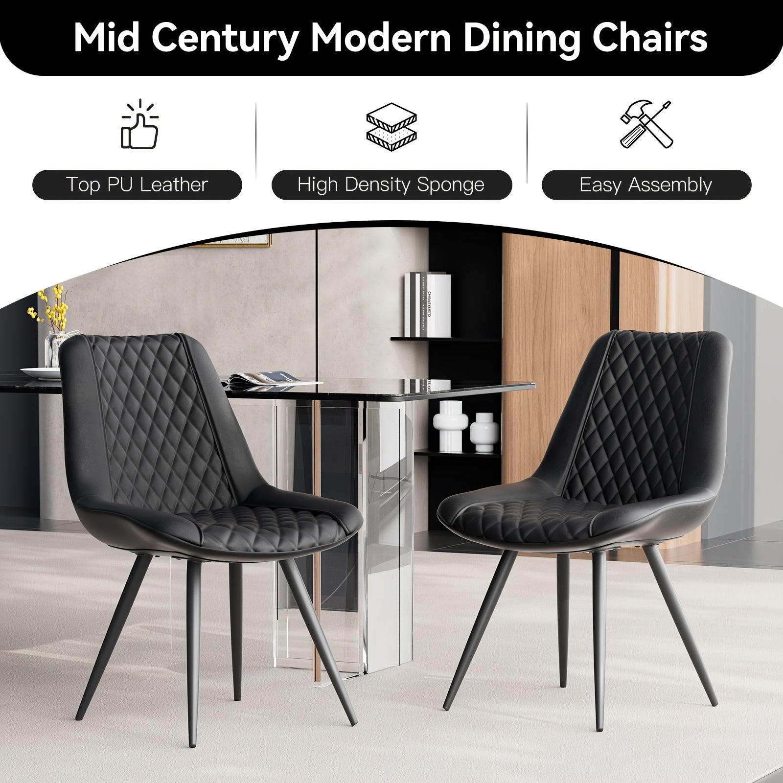 Modern Dining Chairs Set Of 2, Top Faux Leather Upholstered Dining Room Chairs With Metal Legs, Ergonomic Kitchen Chairs For Kitchen Dinning Room