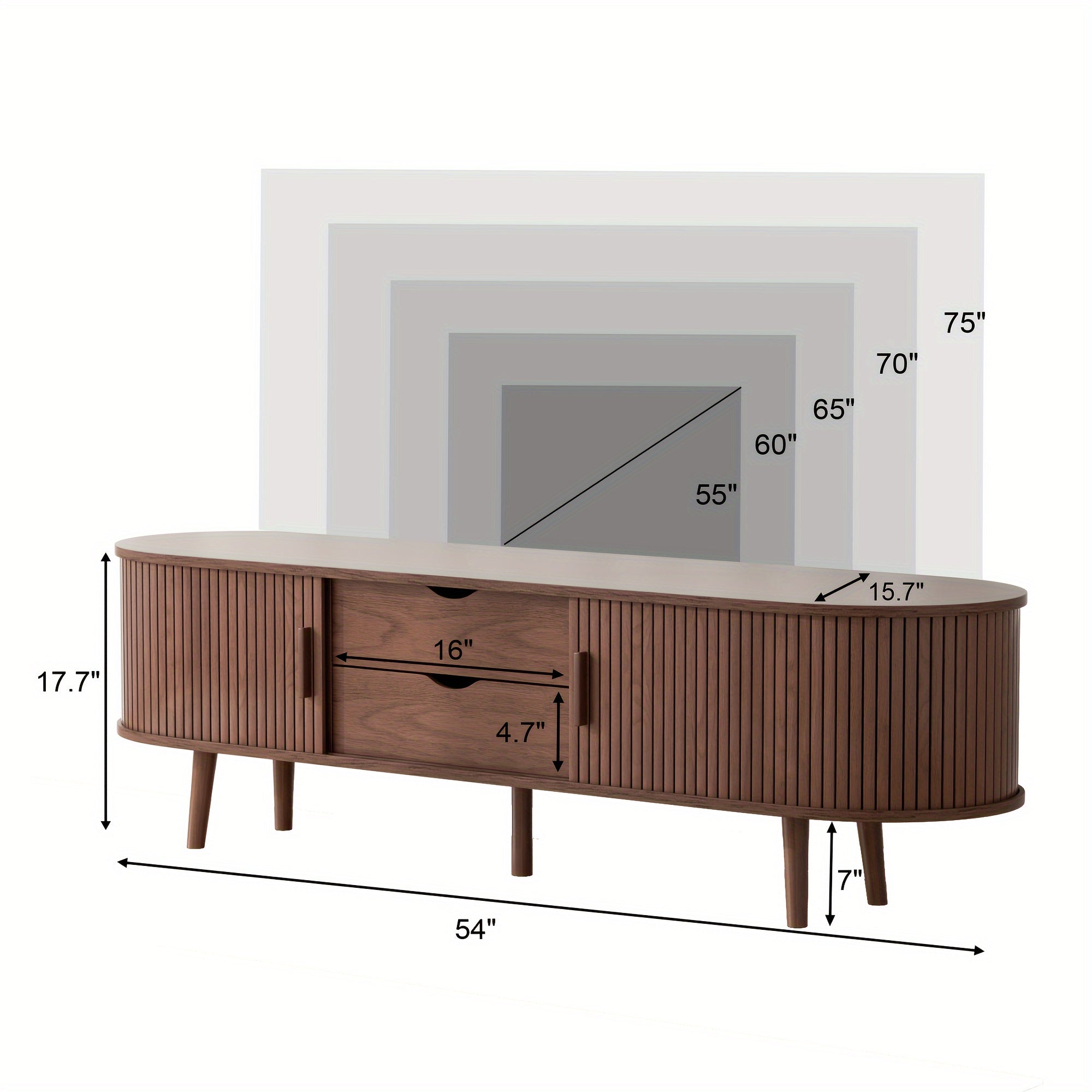 Chic Curved Edge Modern TV Stand - 55/69" Oak/Walnut, Farmhouse Style with 2 Drawers & Adjustable Shelves, Solid Wood Legs, Beige Media Console Table, Tv Console for Living Room