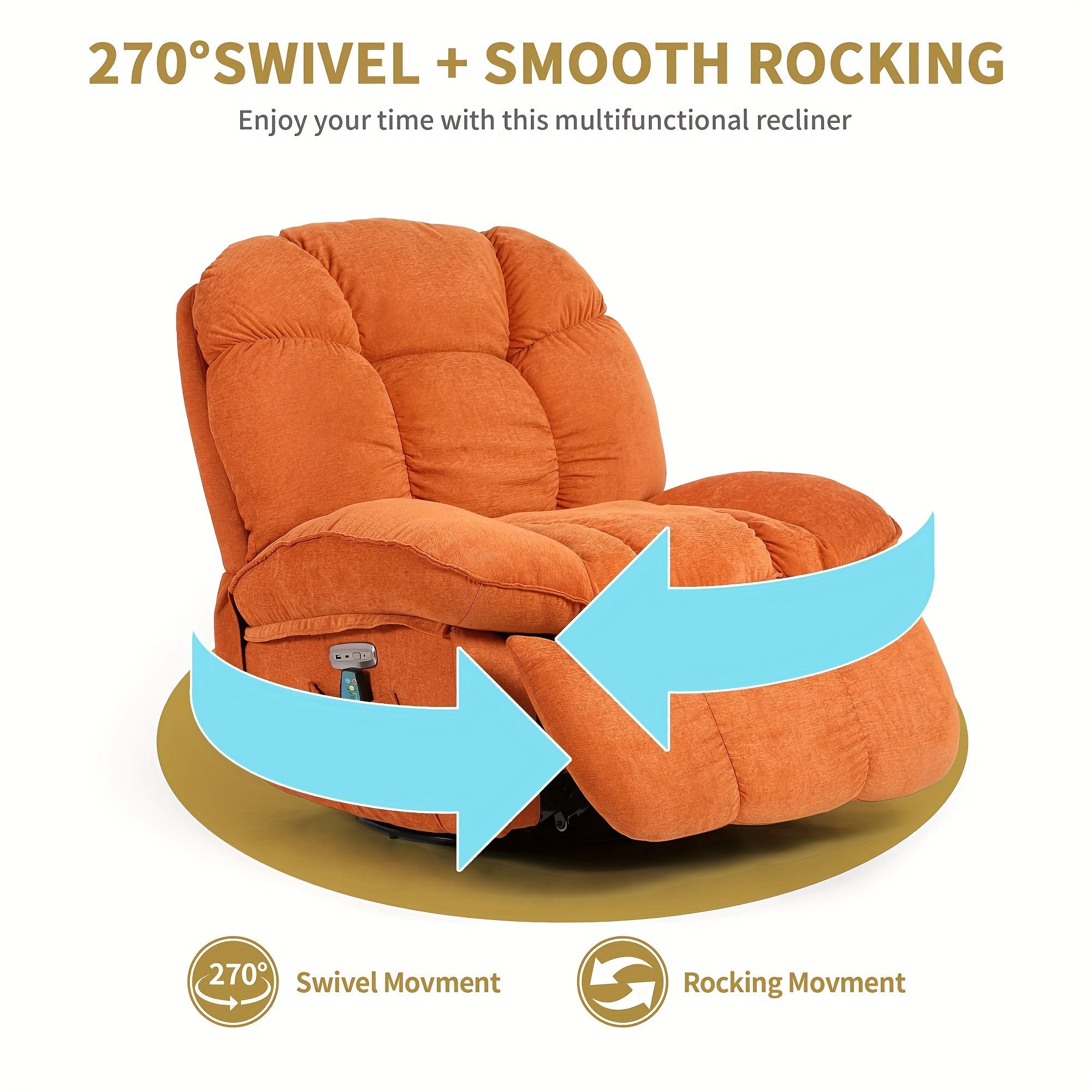 Luxury Overstuffed Swivel Recliner Chair with Vibration Massage & Heating - Modern Single Sofa Glider, Soft Fabric, Metal Frame for Living Room - Available in Orange-Red, White, Green, DYHOME