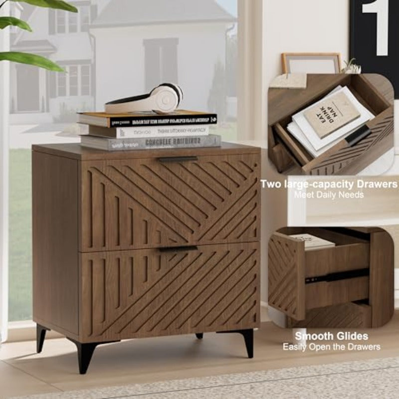 2 Drawer Nightstand Fluted Panel Modern Bedside Table Wood End Side Table Small Storage Cabinet Natural Oak