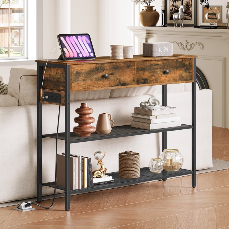 39.4 Inch Narrow Console Table, 2 Drawer Console Table, Entry Table with Charging Station, Small Entry Table, with Storage Rack, Thin Sofa Table, Side Table, Suitable for Living Room, Corridor