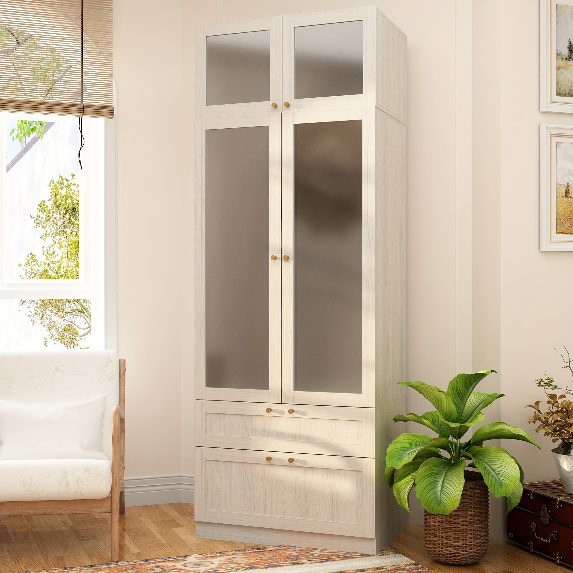 1pc Wardrobe Closet With Frosted Glass Doors, Hanging Bar & 2 Drawers, Bedroom White Wooden Closet Storage Cabinet, 31.5X19.88X70.87inch, Frosted Glass Appears To Be Transparent But Not Transparent, With A Top Cabinet, Side C