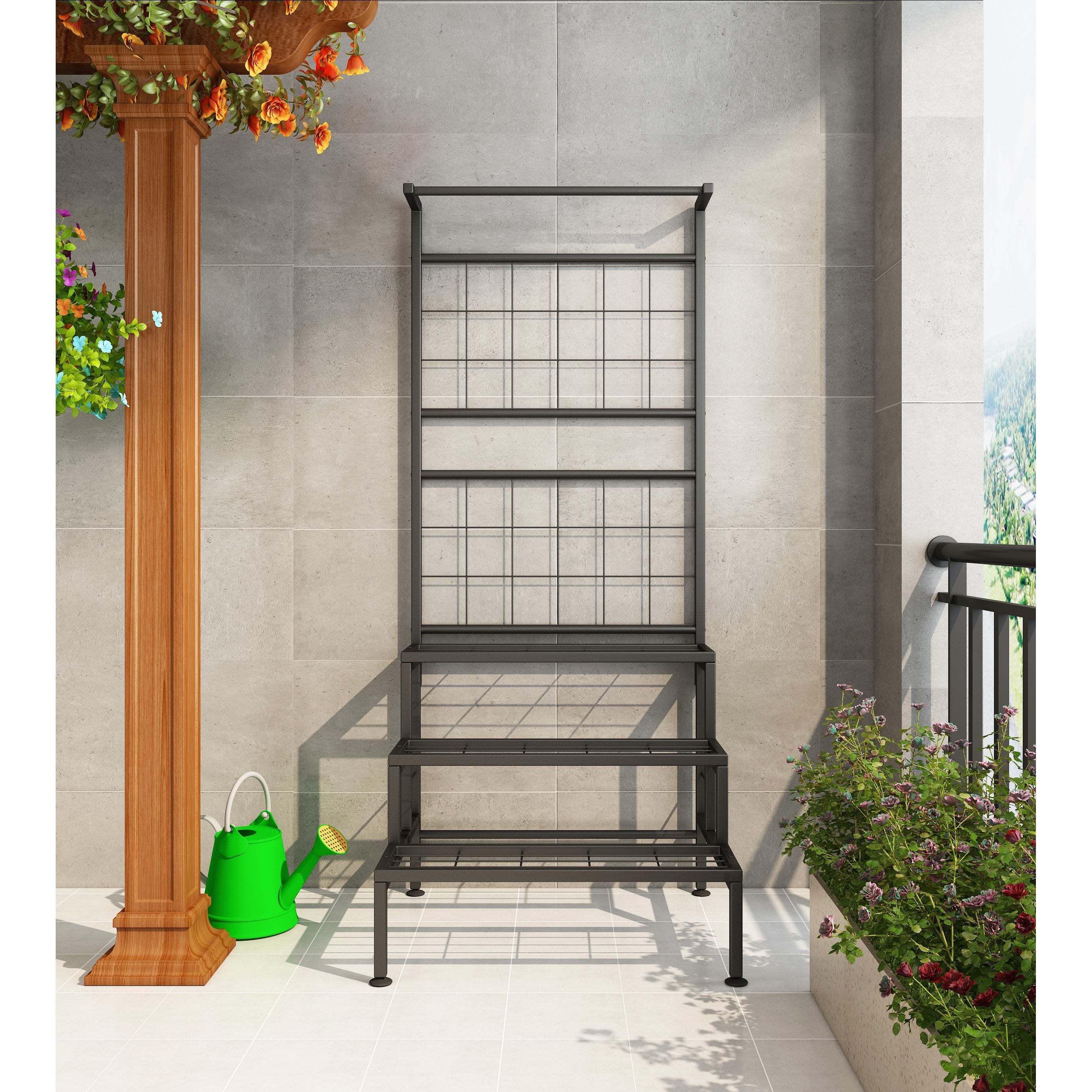 Plant Stand 3-Tier Hanging Shelves Flower Pot Organizer Multiple Flower Display Holder Indoor Outdoor Heavy Duty Potted Planter Rack Unit with Grid Panel for Living Room