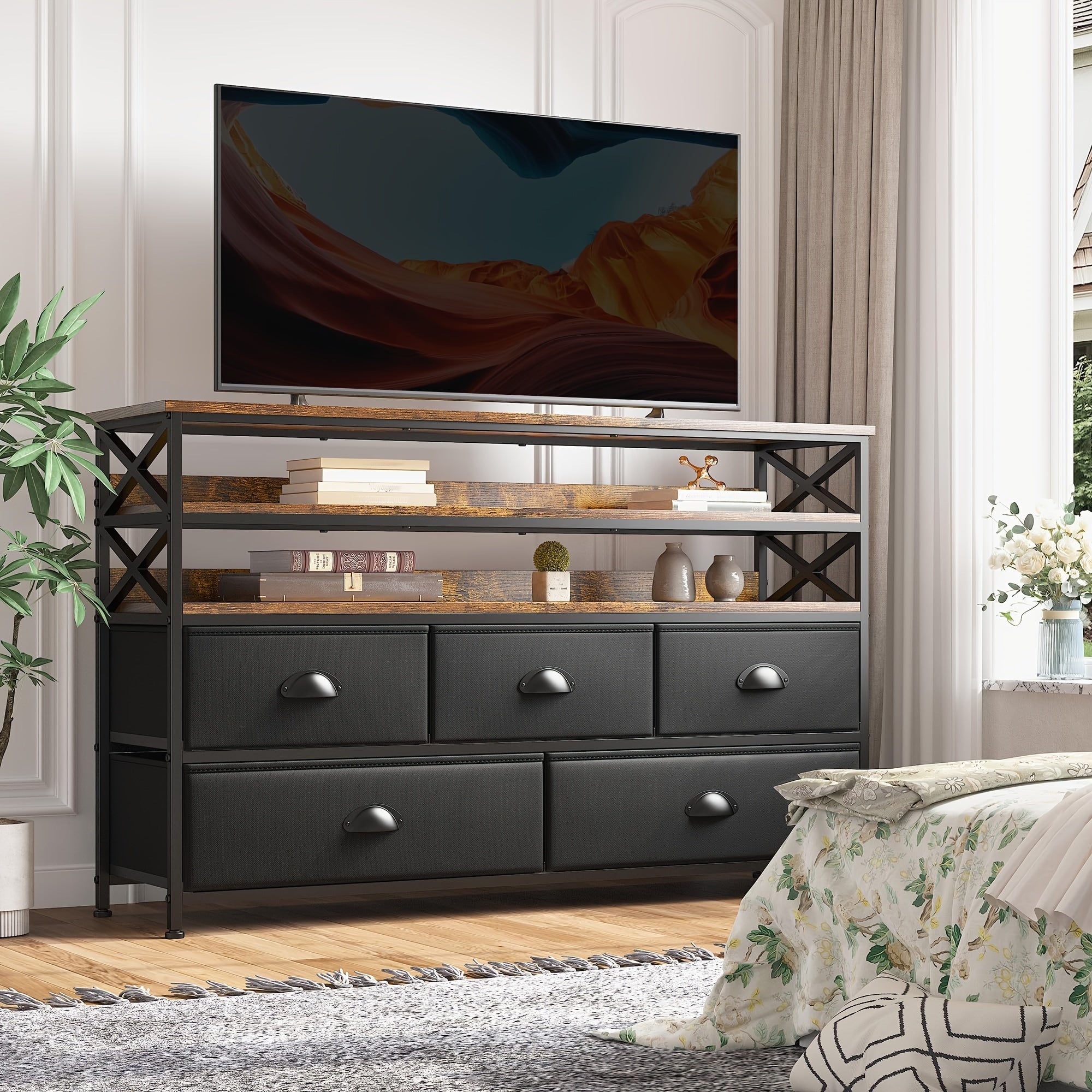 Dresser TV Stand Up To 55 Inch For Bedroom Entertainment Center With Fabric Drawers Media Console Table With Wood Open Shelves Storage Drawer Dresser For Bedroom, Living Room, Entryway Storage Drawer Units