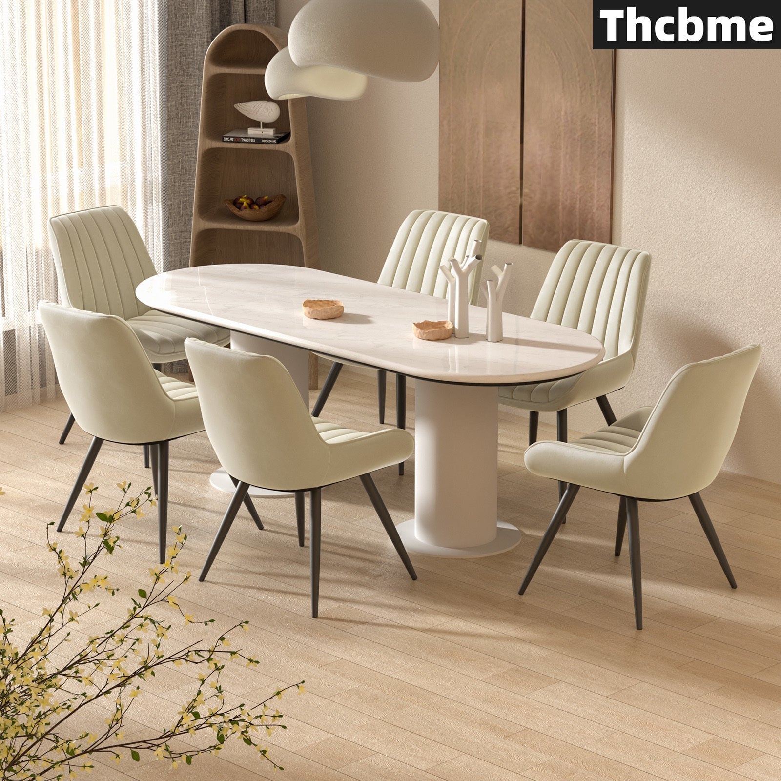 Beige Dining Chair Set of 4 - Comfy Upholstered Fabric with Thick Cushions, Modern Kitchen Side Chairs with Metal Legs, THCBME