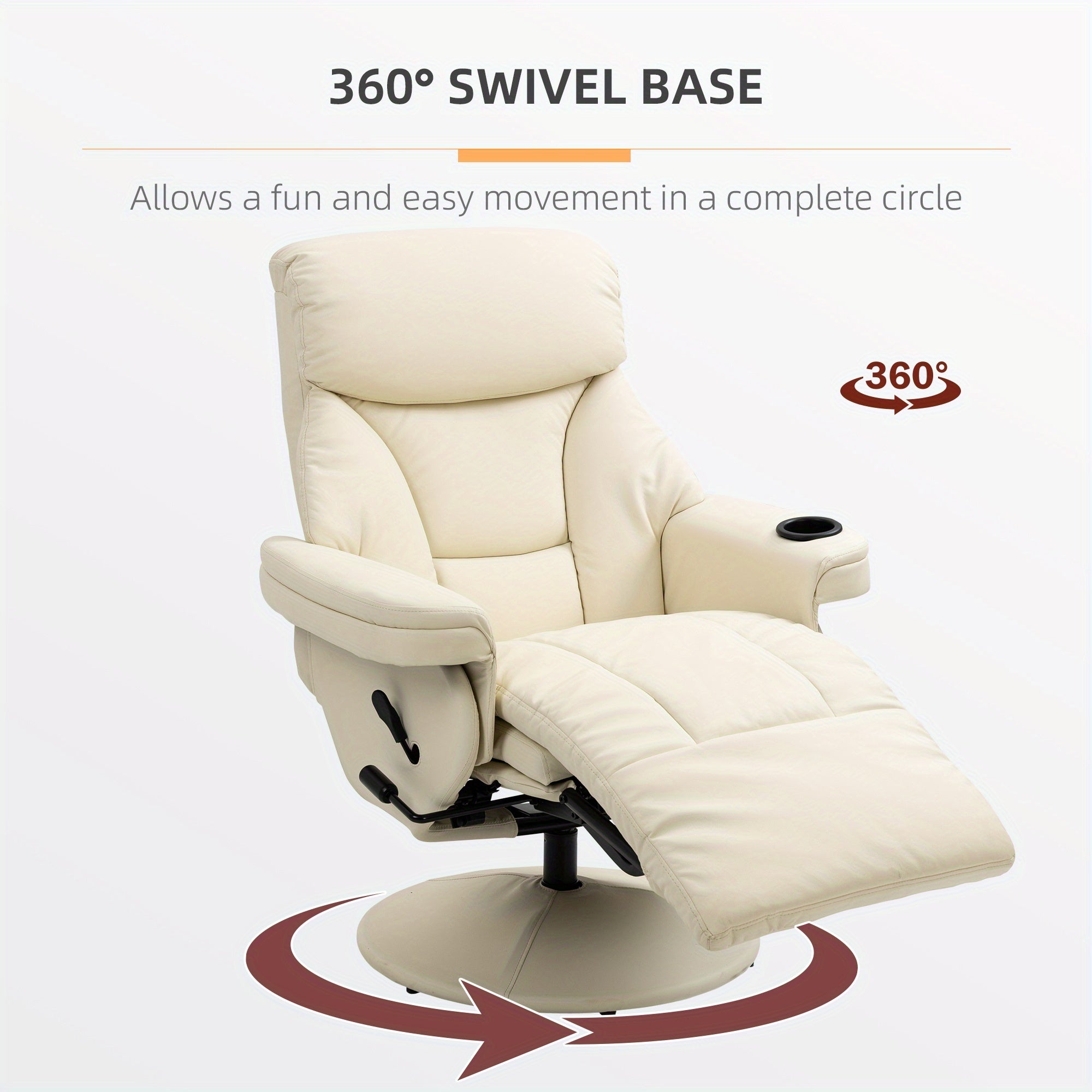 1pc Beige Manual Recliner Chair with Side Pocket, Swivel Lounge Armchair, Metal Frame, Upholstered Footrest and Cup Holder for Living Room Comfort