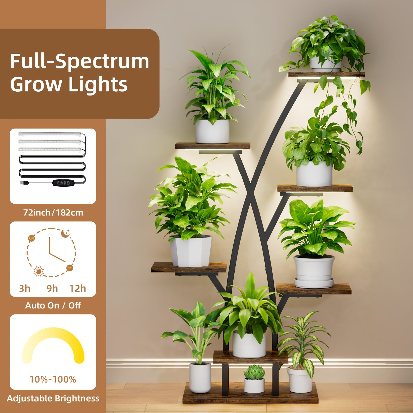 Plant Stand Indoor With Grow Lights - 7 Tiered Plant Shelf Indoor, Multi Functional Display Stand With Thickened Wooden Boards, Corner Plant Stands For Plants Multiple, 42" Metal Corner Shelves, Plant Flower Holder Display Ra