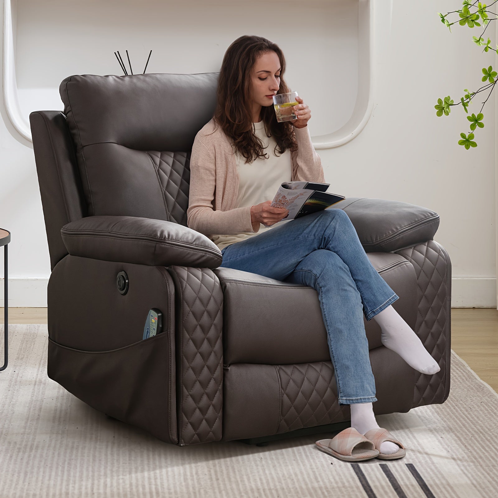 Modern Diamond Fabric Design Power Reclining Heated Massage Chair With USB And Dual Hidden Cup Holders, Large Comfortable Soft Functional Seat