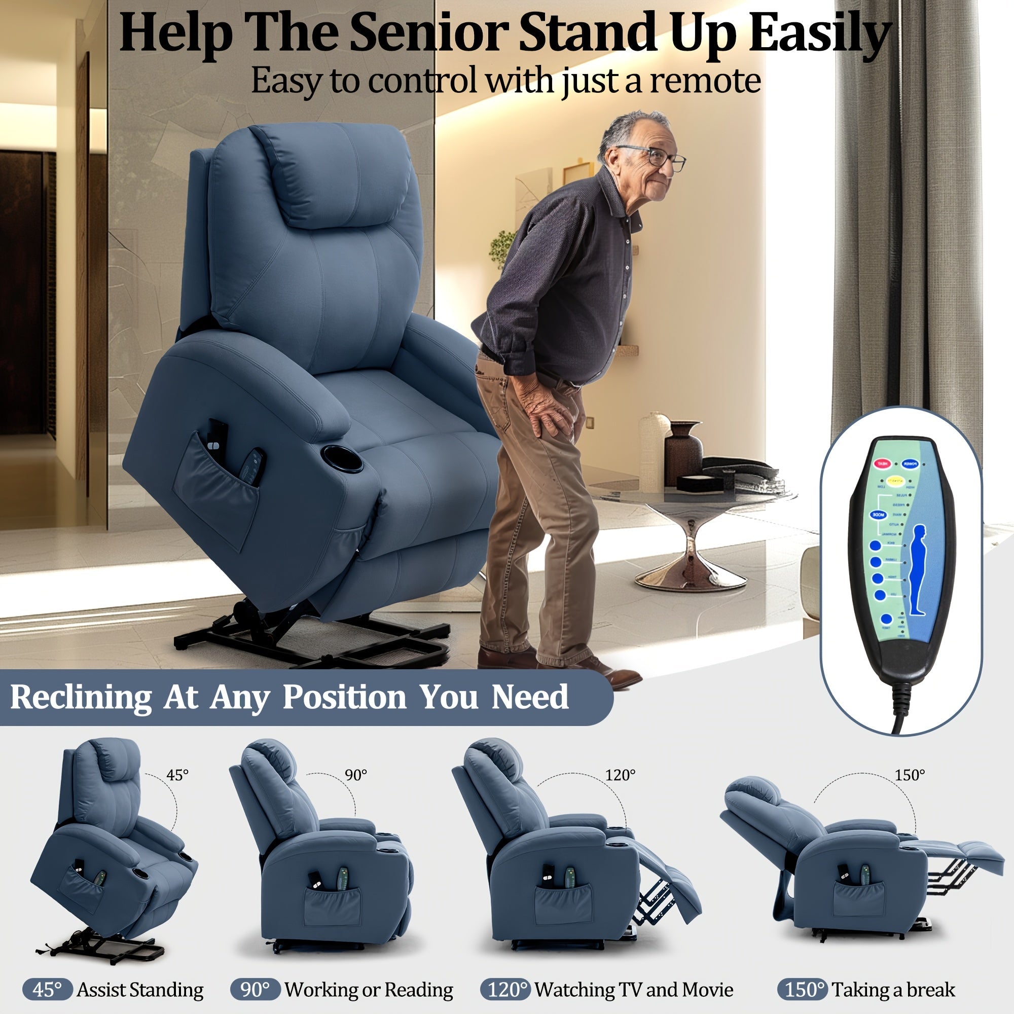 Fabric Power Lift Recliner Chair For Elderly And Adults, Electric Recliner With Massage And Heating, Recliner Chair With Remote Control And Cup Holder