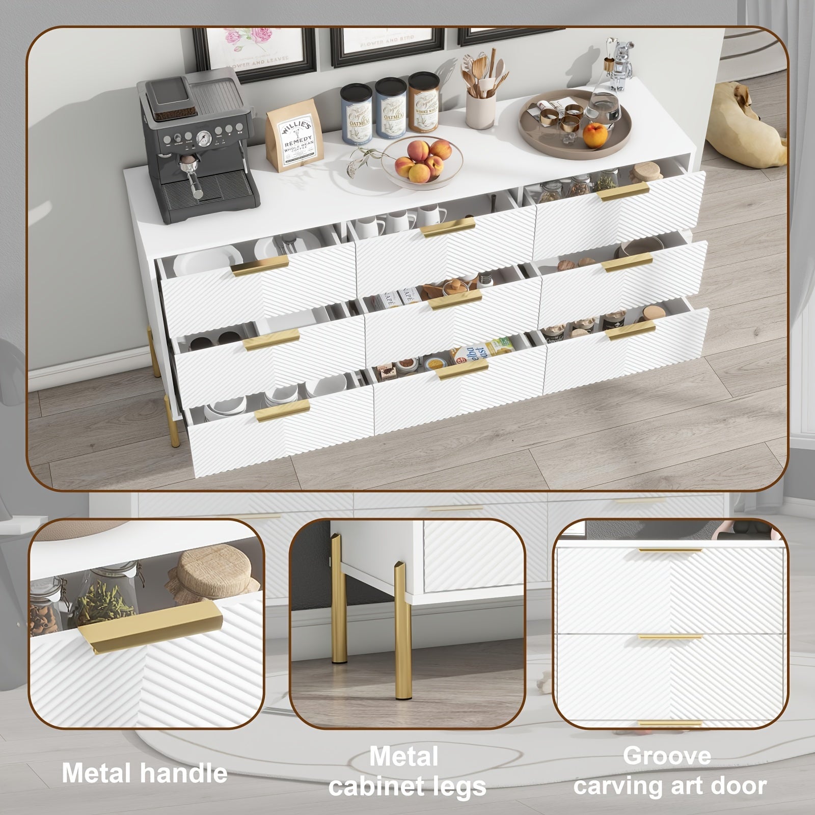 Modern White and Golden Bedroom Dresser with 9 Drawers Metal Feet and Golden Pulls - Hardwood Fiberboard Storage
