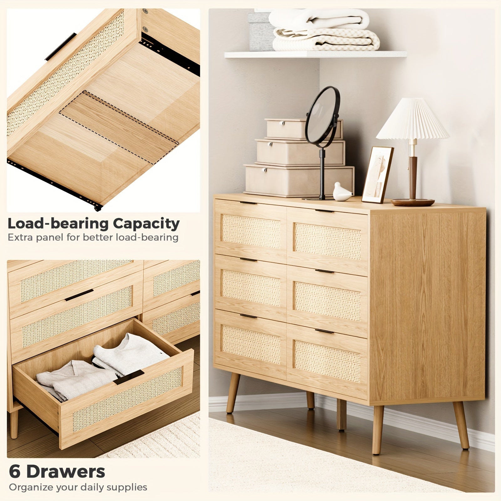 Natural Rattan Dresser for Bedroom with 6 Drawer, Wood Durable Dressers & chests of Drawers with Black Handles, Handmade Natural Rattan Modern Storage Double Drawers for Bedroom, Closet, Living room Storage Drawer Units