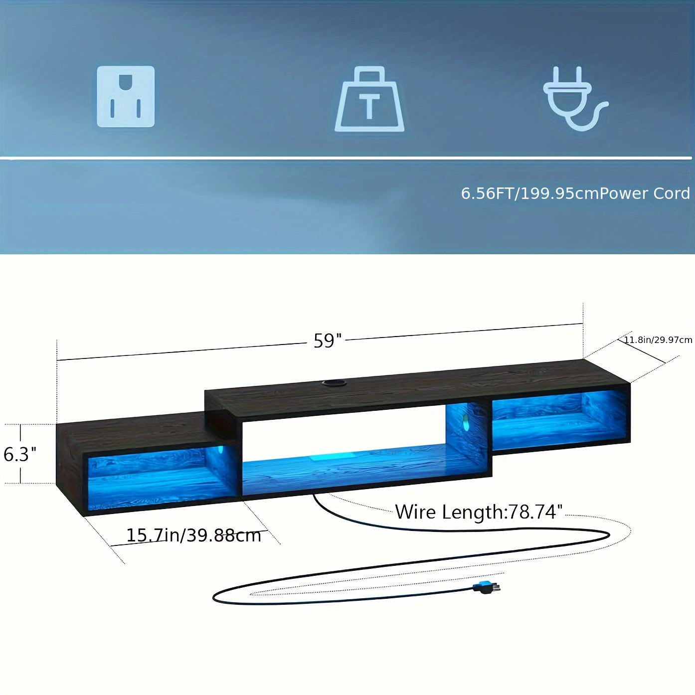 Floating TV Stand Wall Mounted with Power Outlet, 59'' Floating Entertainment Shelf Under TV with LED Lights, Floating TV Shelves Media Console Cabinet for Gaming Box Audio Video