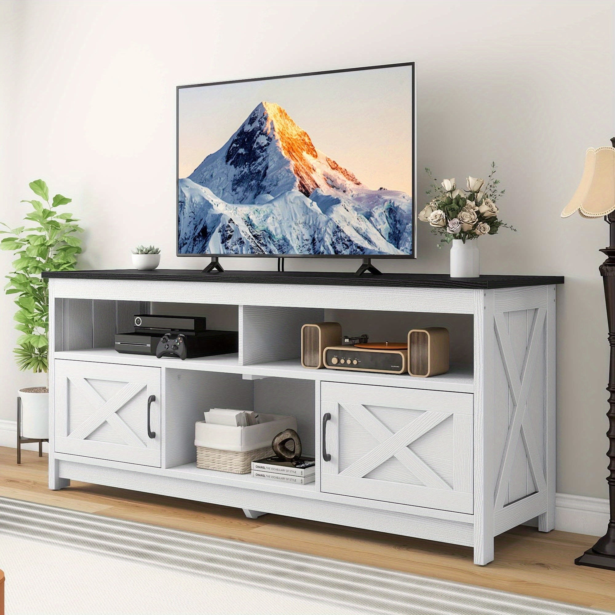 TV Stand Entertainment Center For 65/ 60/ 55in TVs w/ Power Outlets & Door Cabinet