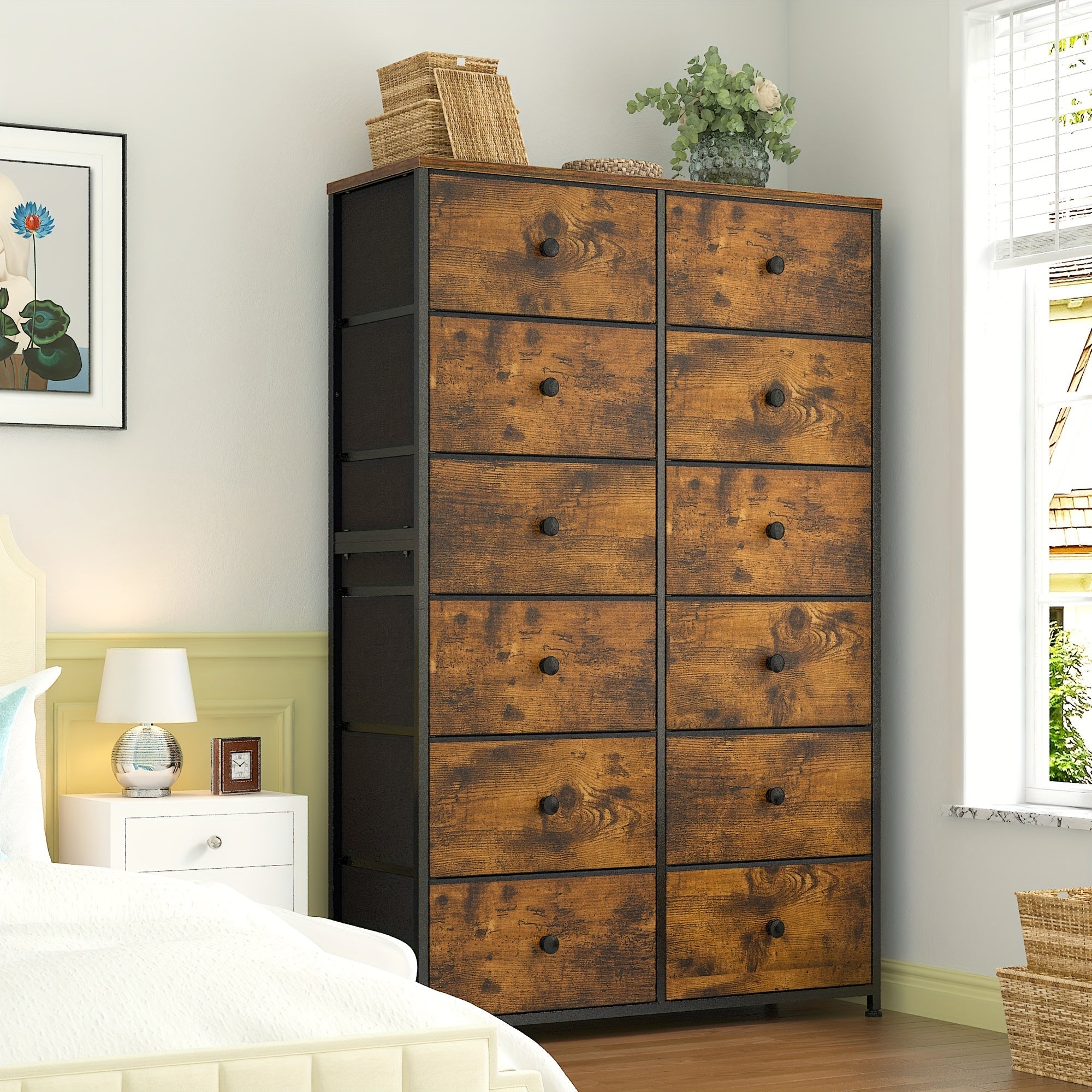 Tall Dresser, Dresser for Bedroom with 12 Drawers Tall Bedroom Dresser for Bedroom, Large Fabric Dresser with Wood Top, Metal Frame for Closets, Living Room, Entryway, Rustic Brown For Lab