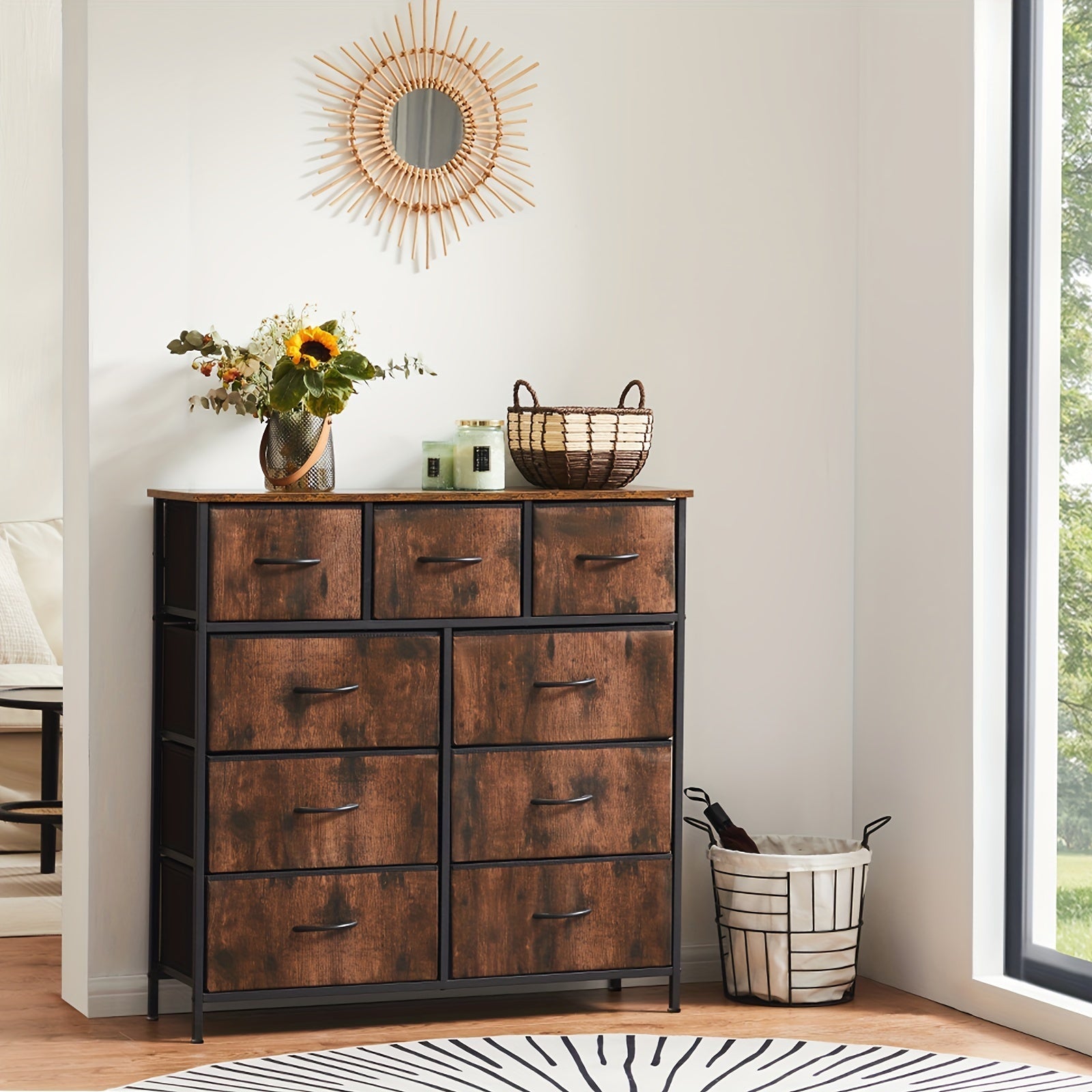 Dresser for Bedroom with 9 Drawers, Wide Chest of Drawers, Fabric Dresser, Storage Organizer Unit with Fabric Bins for Closet, Living Room, Hallway