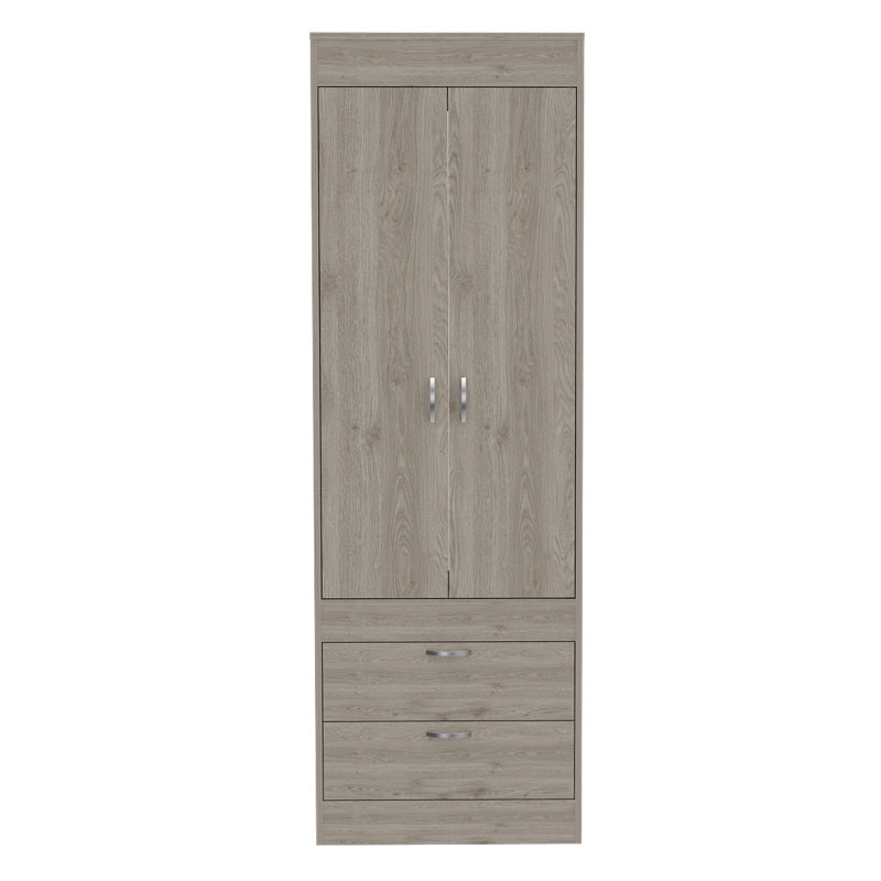 Armoire Rod Double Door Two Drawers Metal Handles Light Gray