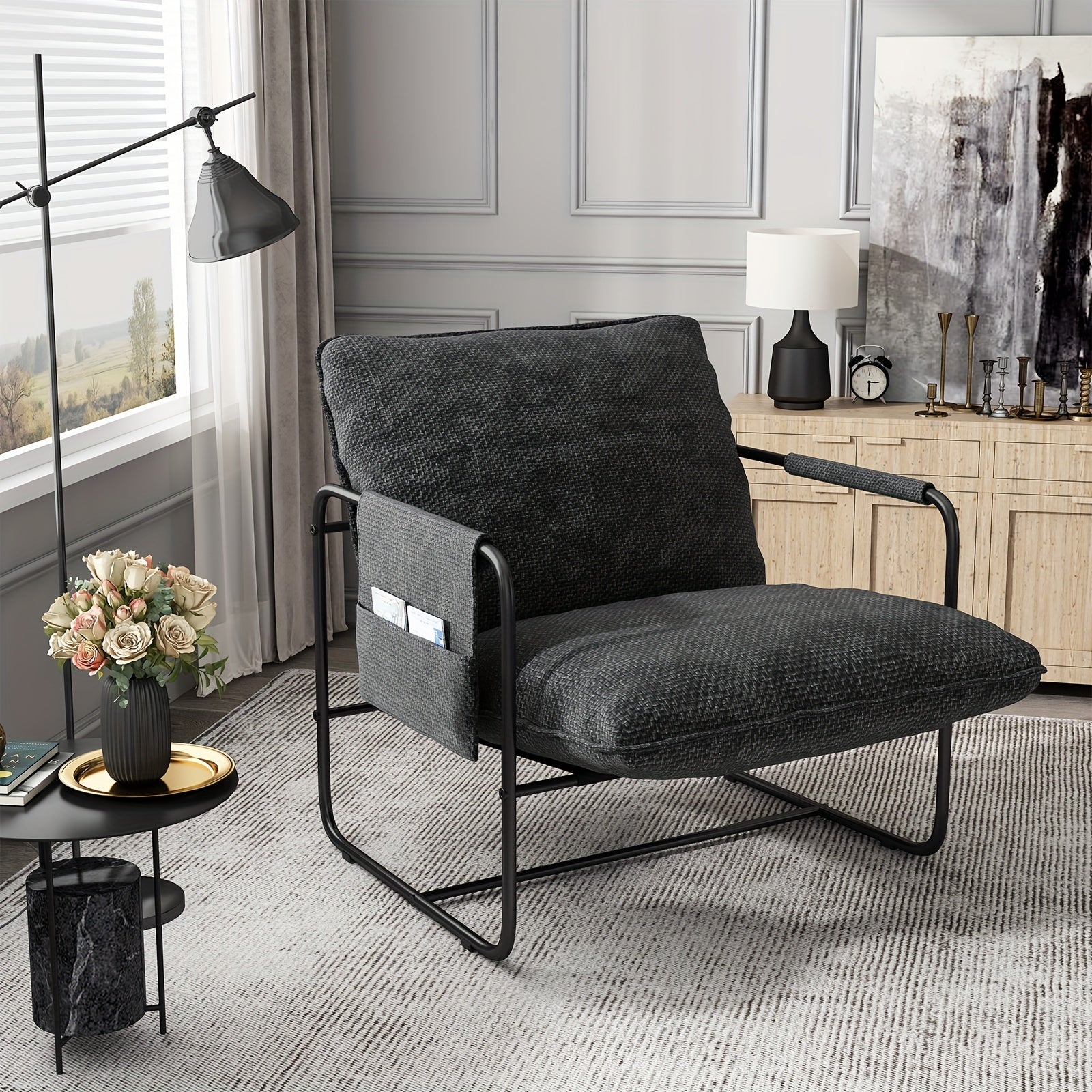 Modern Accent Velvet Fabric Sling Chair, Metal Frame Upholstered Armchair With Removable Storage Bag For Bedroom Reading Office, Easy To Assemble