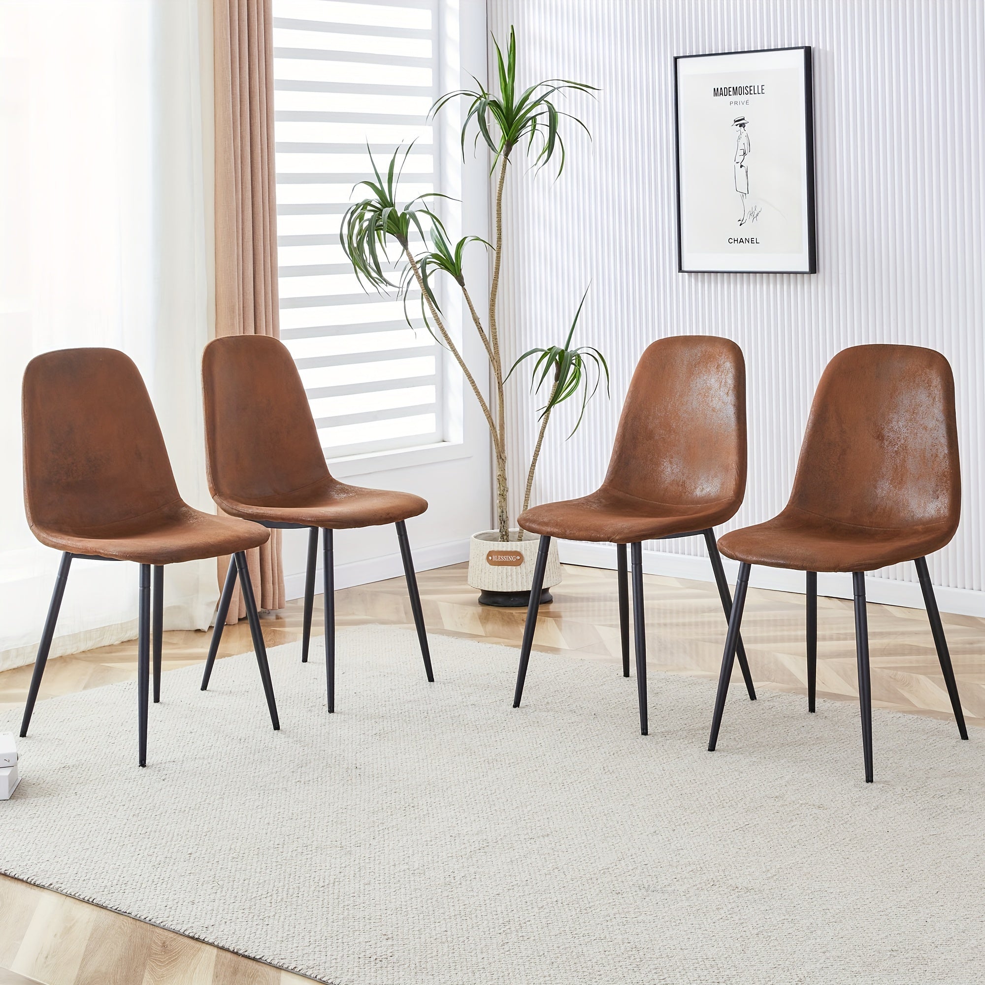 Dining Chairs Set of 4/6, Mid Century Modern Kitchen Chairs, Faux Leather Brown Dining Room Chairs, Kitchen Room Side Chair, Upholstered Seat with Black Metal Legs