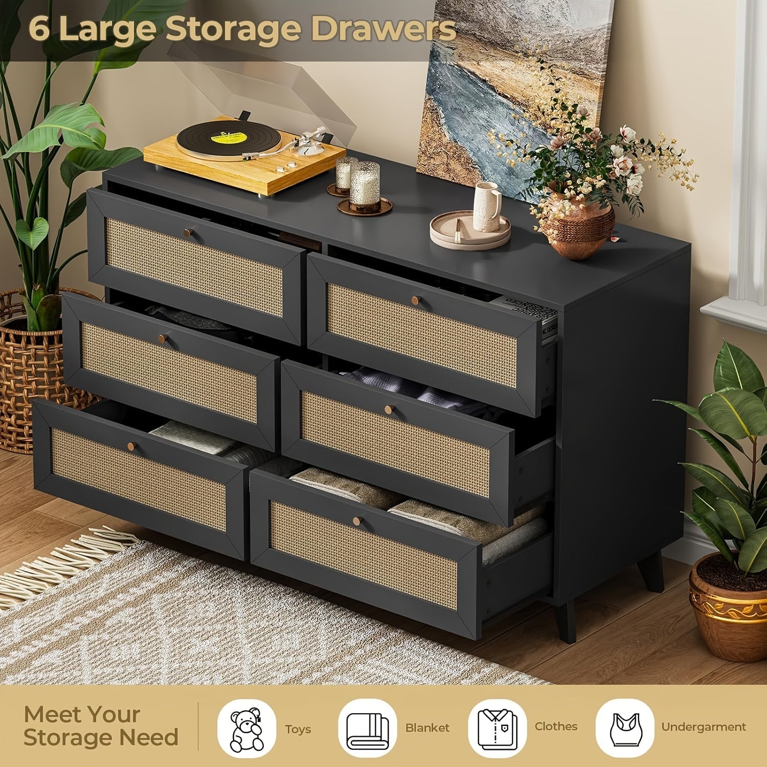 Rattan 6 Drawers Dresser For Bedroom Modern Double Wooden Wide Dresser Chest Of Drawers With Metal Handle For Living Room, Black