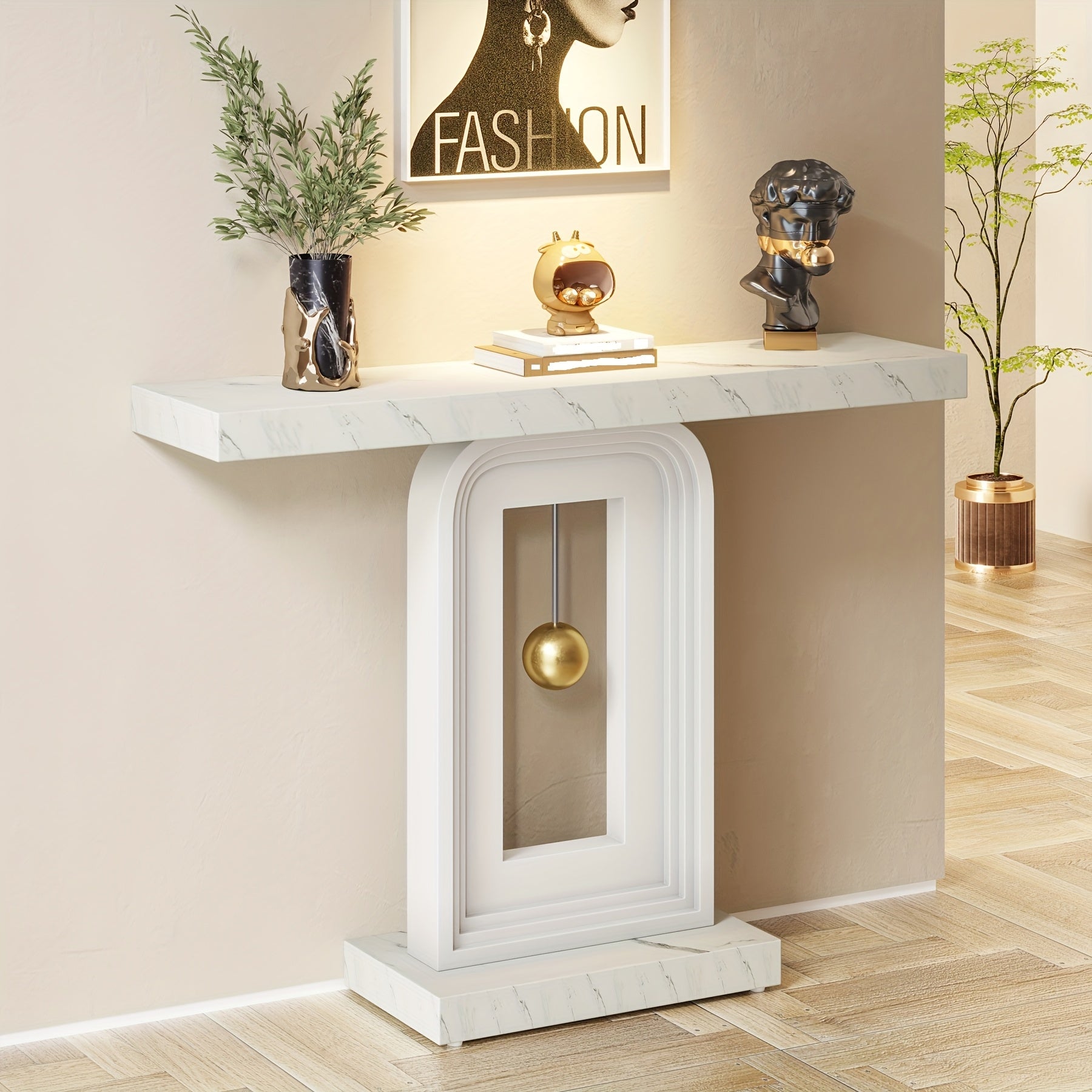 Modern Console Table with Pendulum Shape Base, 40 Inches Narrow Sofa Entryway Table Behind The Couch, Contemporary Wood Accent Table for Living Room, Hallway, Entrance, Faux Marble White, Christmas Gifts