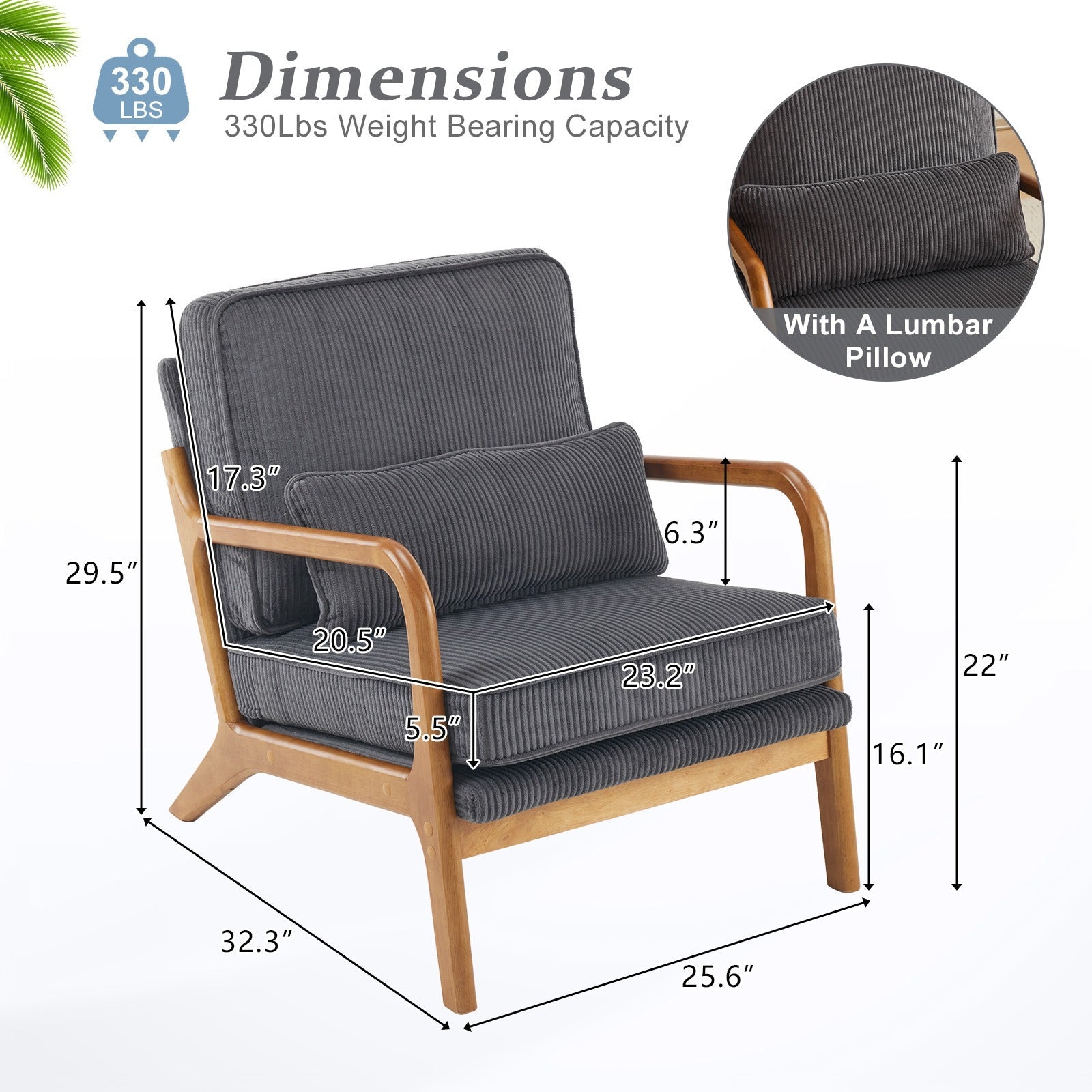 2-Pack Premium Corduroy Accent Chairs, Upholstered Arm Chair, Solid Wood Comfy Reading Chair with Lumbar Pillow, Mid Century Modern Chairs for Living Room,Bedroom