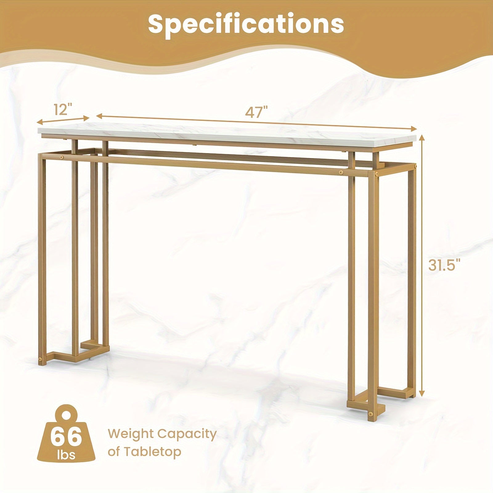 Elegant 47" White Faux Marble Top Console Table with Golden Metal Frame - Modern Entryway Table with Anti-Toppling Kit, Adjustable Feet for Stability, Waterproof & Durable - Perfect for Decor & Everyday Use, Console Table for