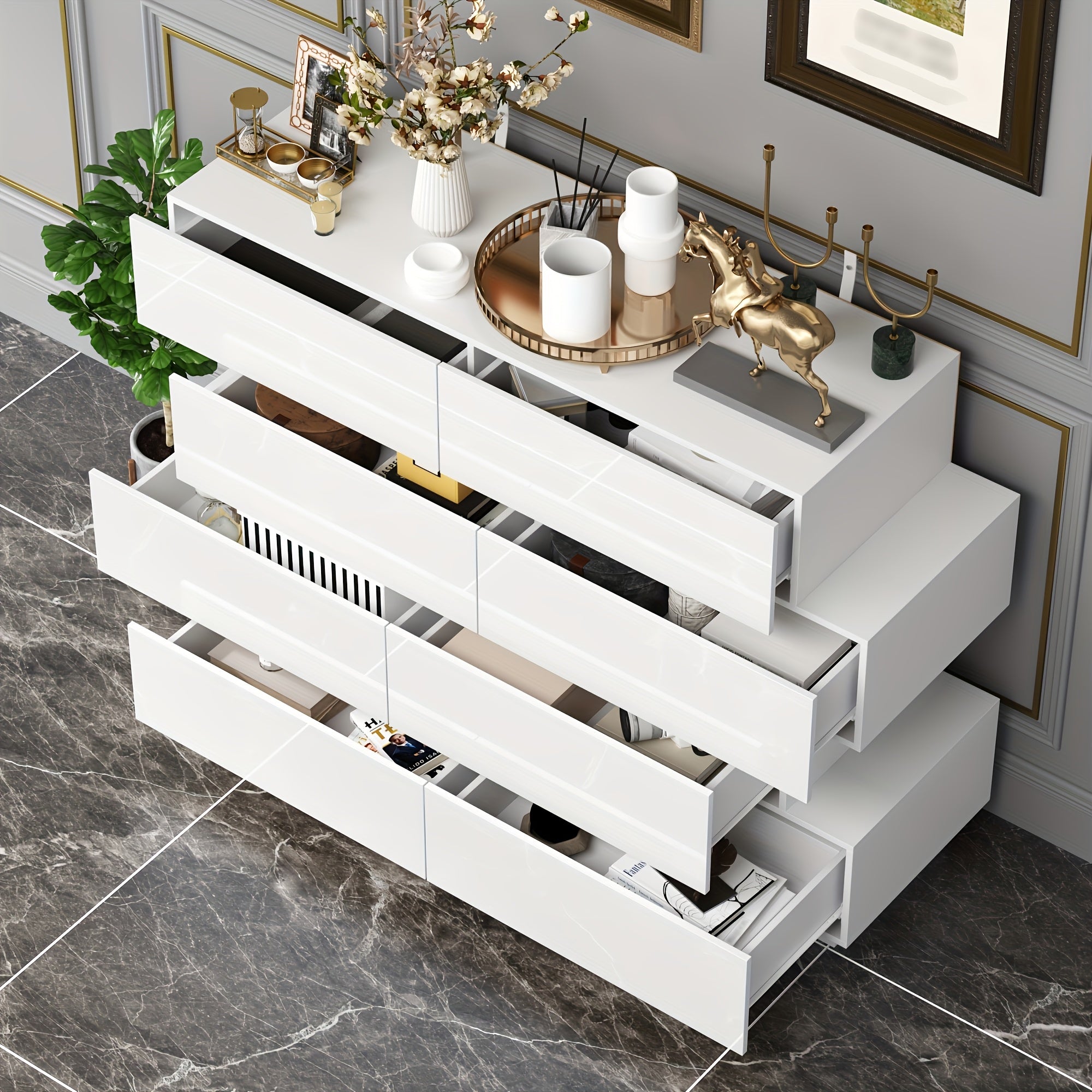 Modern Glossy Drawer Cabinet Storage Cabinet With 8 Drawers Asymmetrical Design Fashionable And Minimalist Design Large